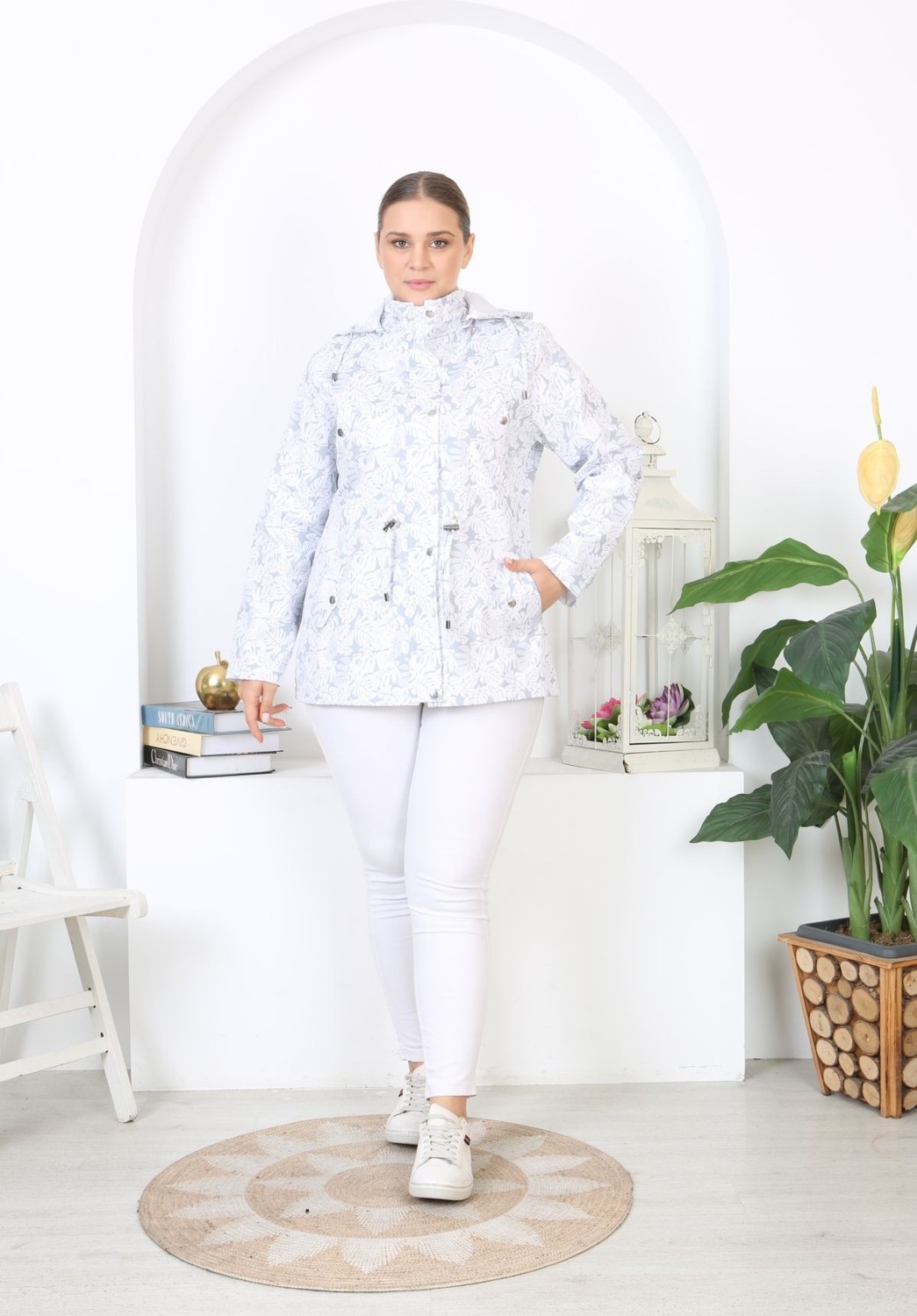 TUTveAL Collection Suya Dayanıklı Mont, Bonded Trençkot, Mevsimlik , Baskılı Mont, Desenli ,yağmurluk, Astarlı Beyaz