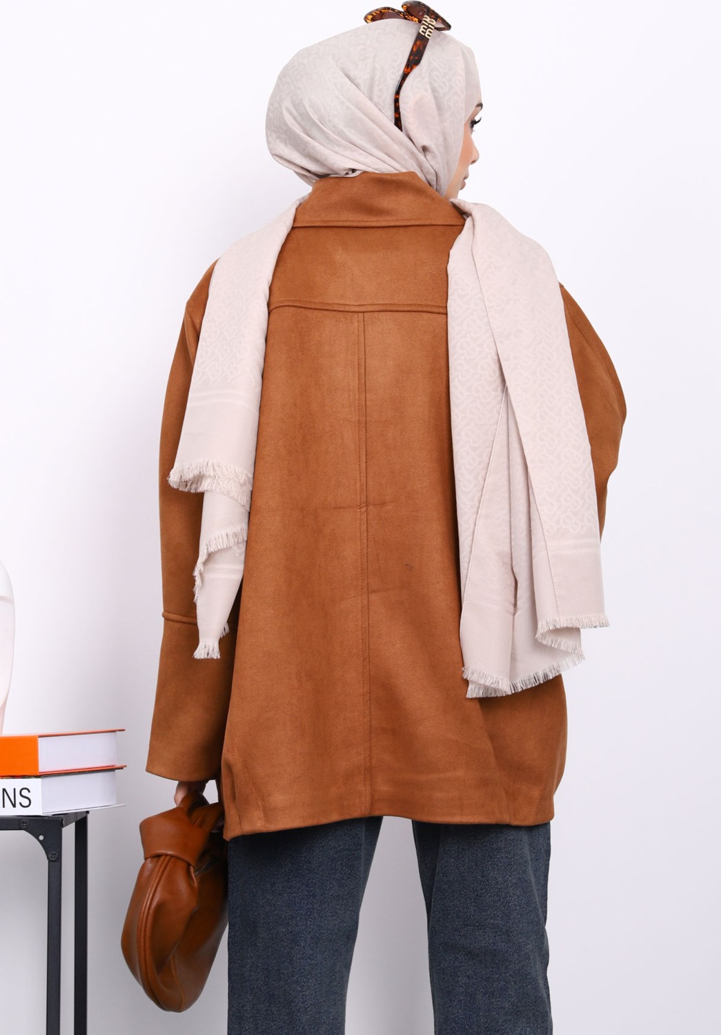 İmaj Butik Taba Oversize Fermuarlı Süet Ceket görsel 4