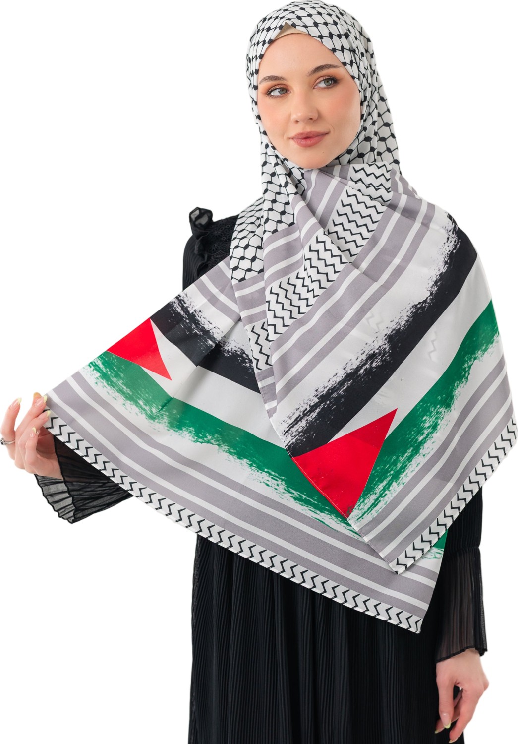 Zaytoon Şal Filistin Kefiye Puşi Gri Çizgili Püskülsüz Unisex Kadın Şal 70x170 cm görsel 4