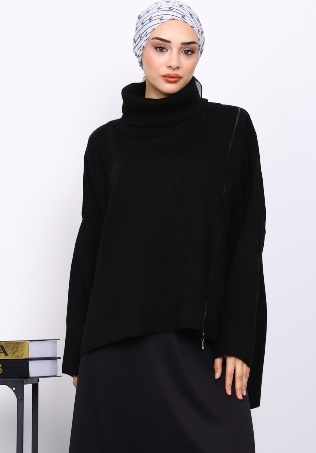 İmaj Butik Yeşil Balıkçı Yaka Fermuarlı Triko Tunik