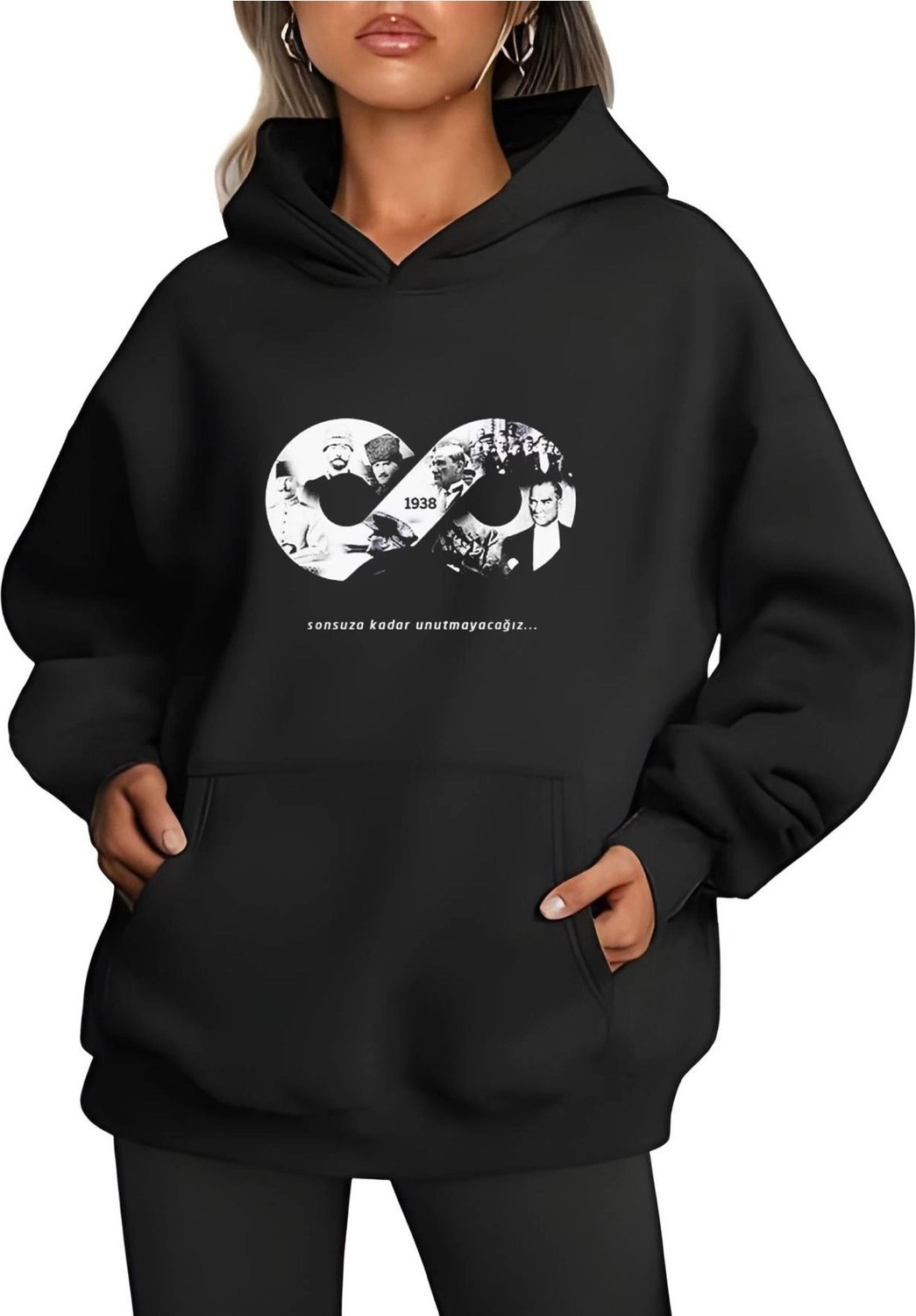 Tarz Yeri 3 Iplik Pamuklu Cepli Kapüşonlu 10 Kasıma Özel Sweatshirt Hoodie - Siyah