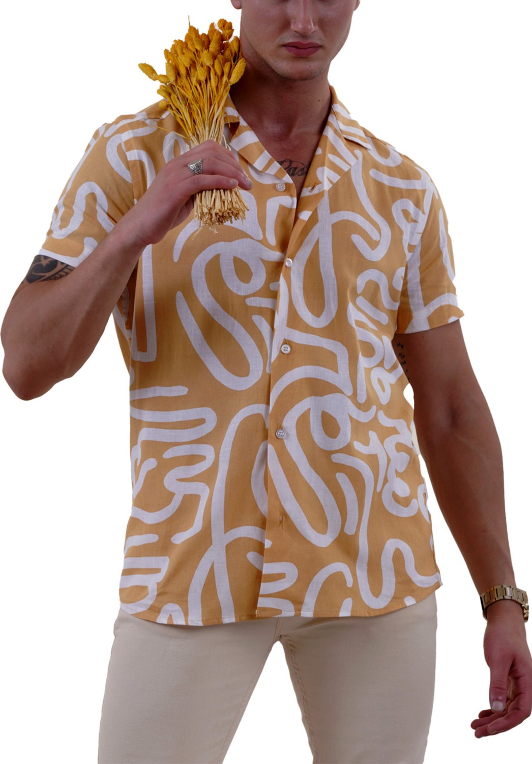 Exve Exclusive Sarı Beyaz Abrsract Desen Baskılı Hawaii Rahat Kesim Kısakol Yazlık Gömlek