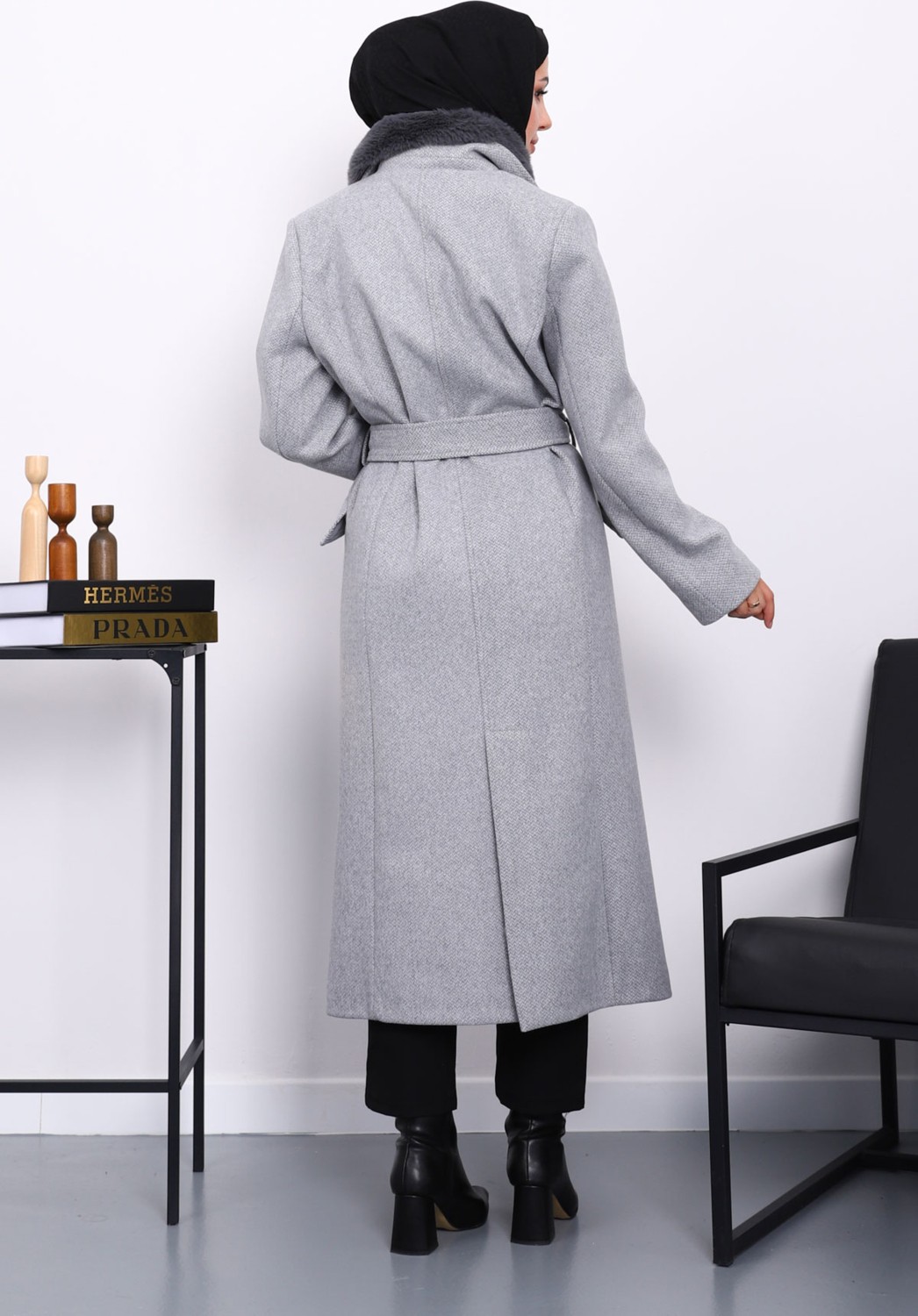İmaj Butik Gri Yaka Kürklü Kuşaklı Kaşe Kaban görsel 4