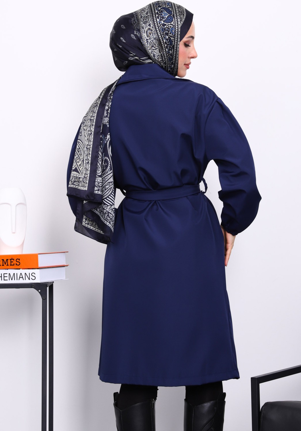 İmaj Butik Lacivert Kruvaze Yaka Kuşaklı Trençkot görsel 8