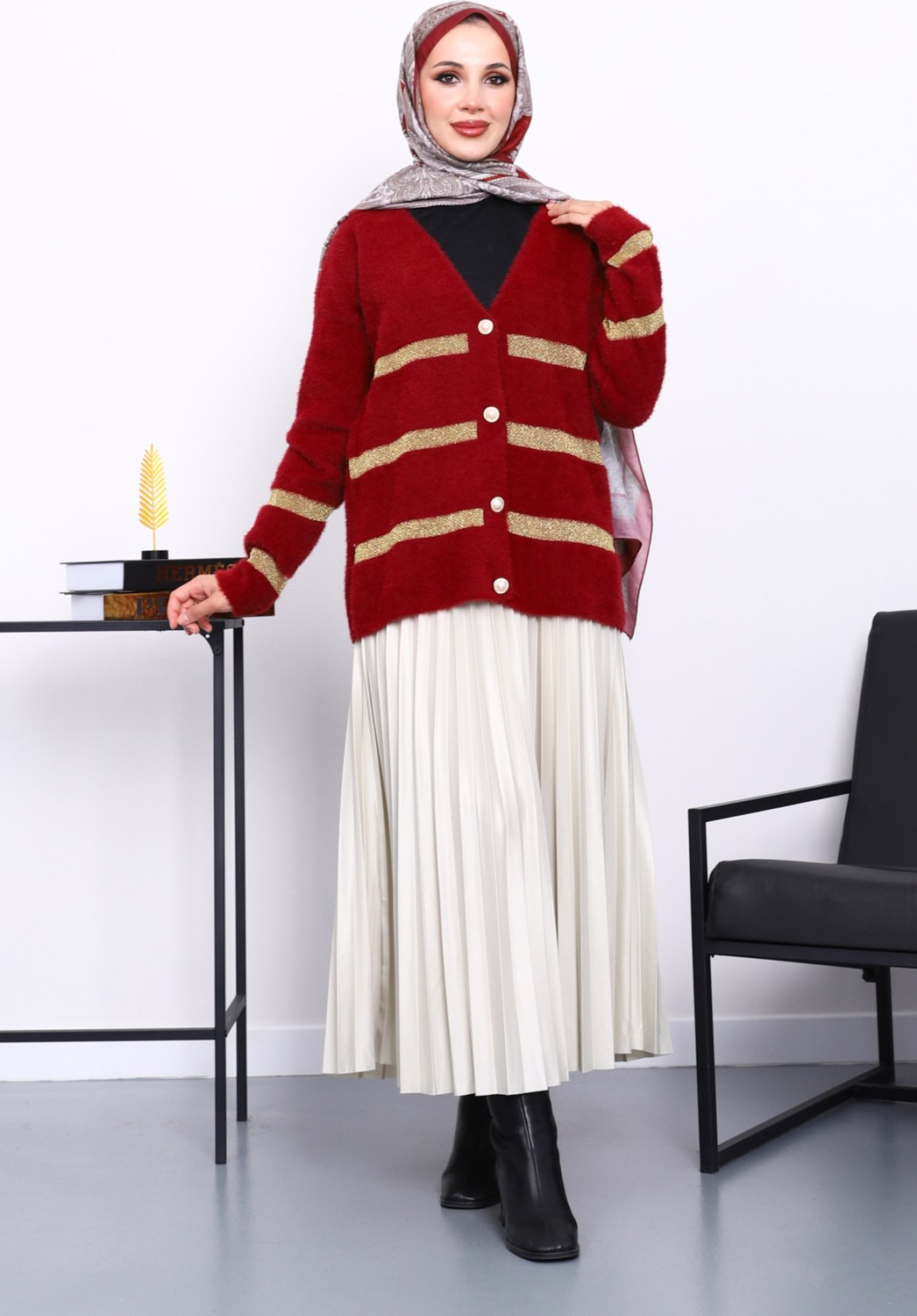 İmaj Butik Bordo V Yaka Angora Yumoş Hırka görsel 2