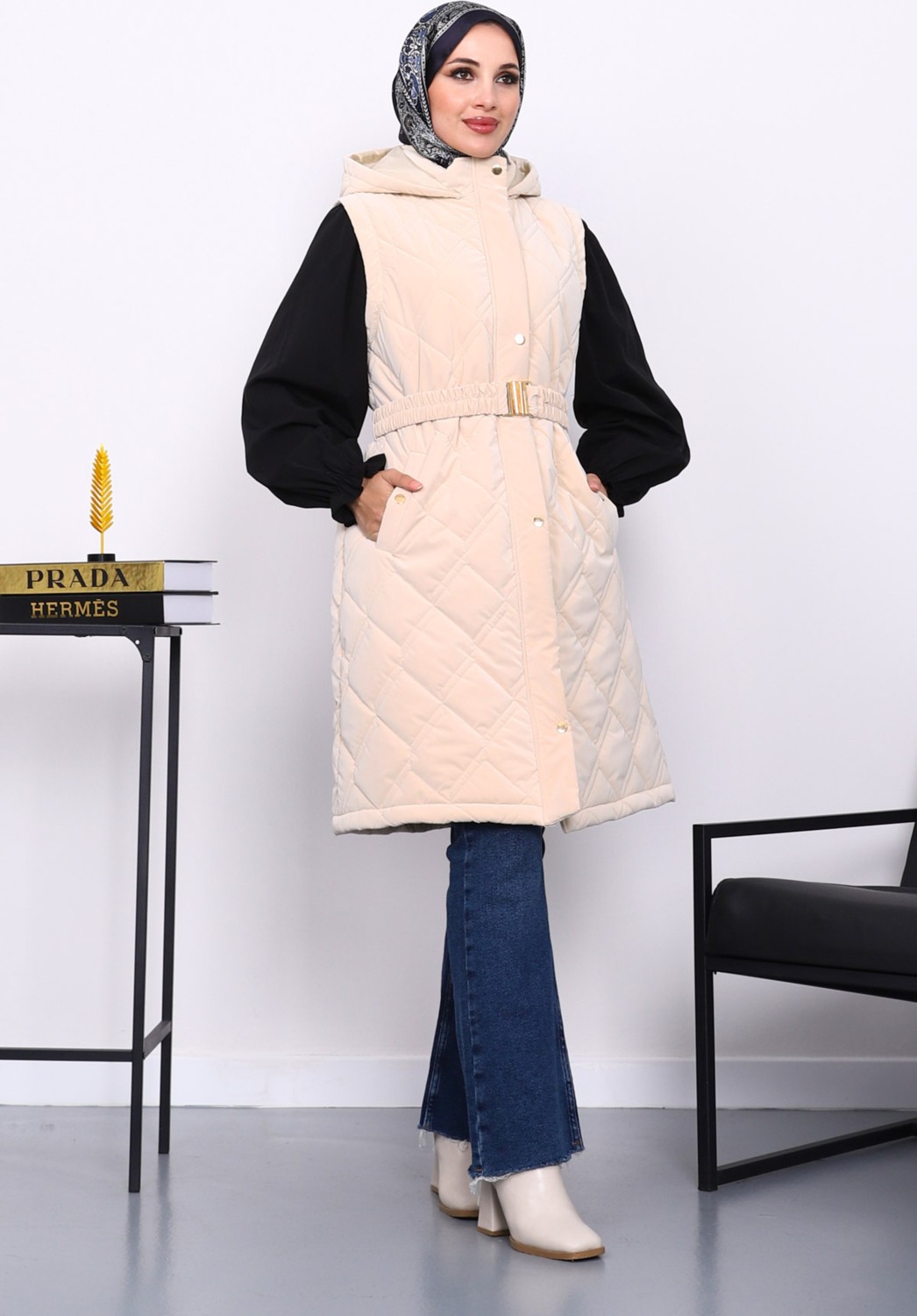 İmaj Butik Krem Kapşonlu Kemerli Şişme Yelek