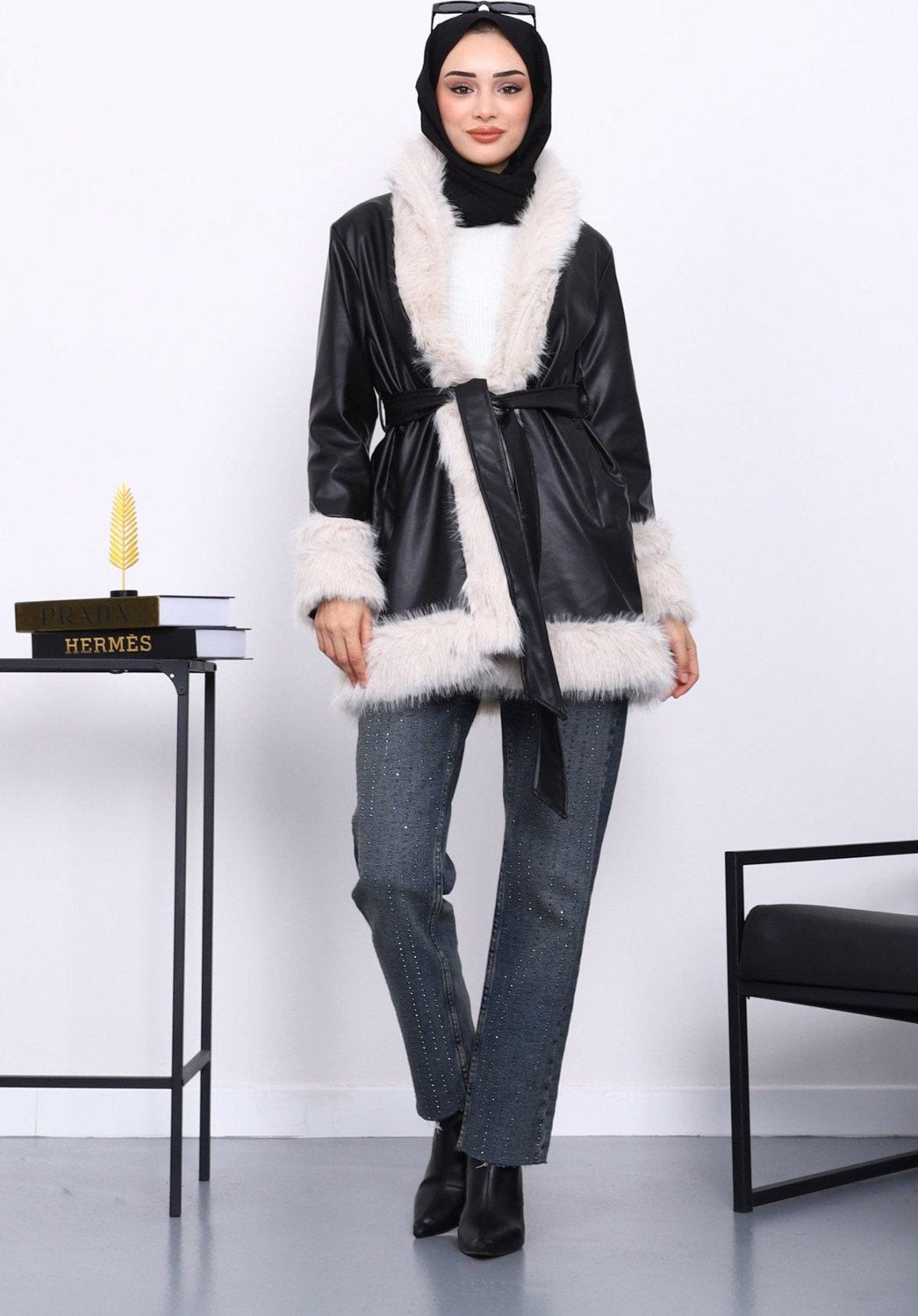 İmaj Butik Siyah Kürk Detaylı Kuşaklı Deri Trenç Ceket görsel 2