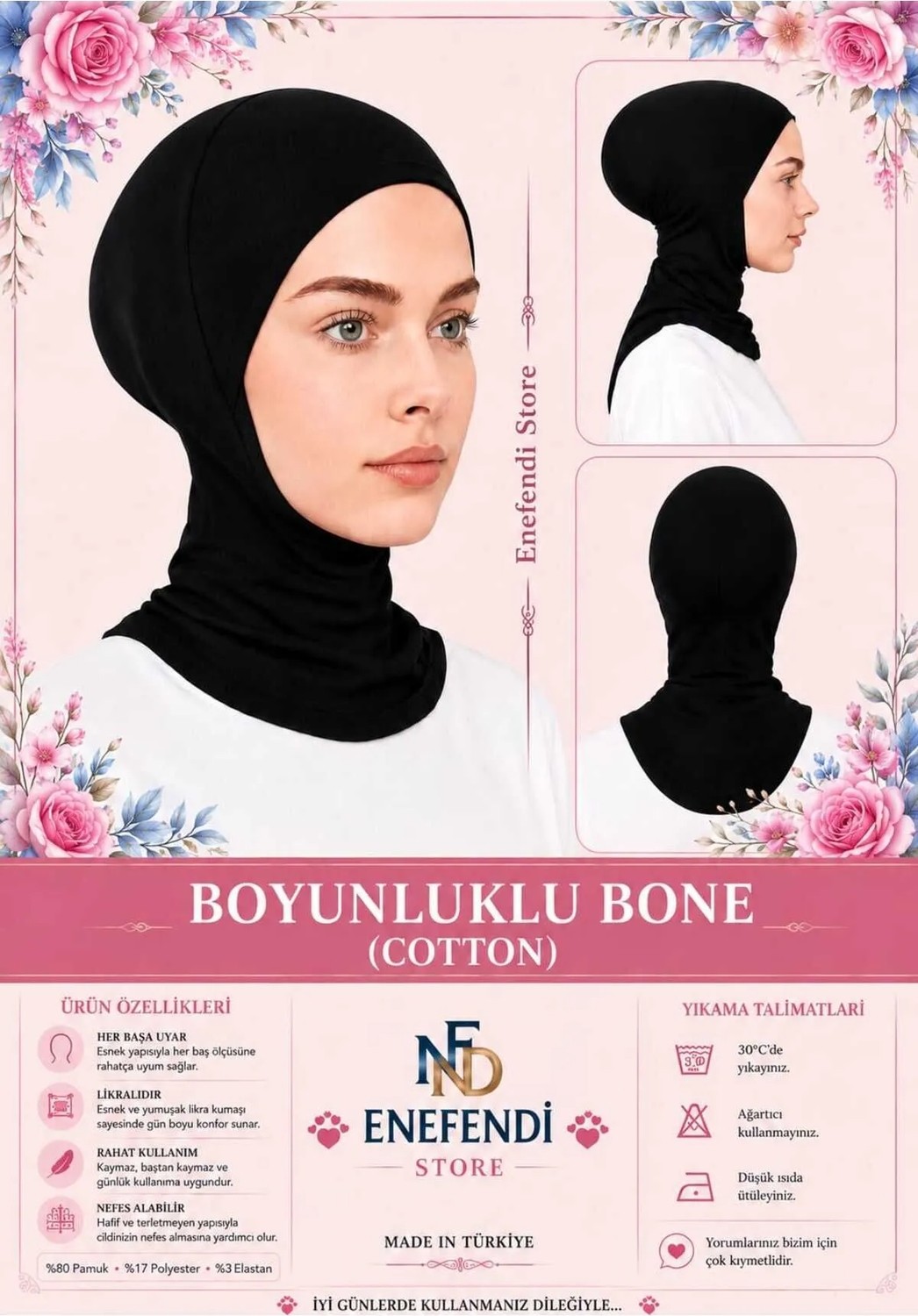 NF ND ENEFENDİ Boyunluklu Spor Bone | Siyah Tesettür Hijab • Geçmeli Hazır Bone • Rahat ve Şık Penye Kullanım görsel 3