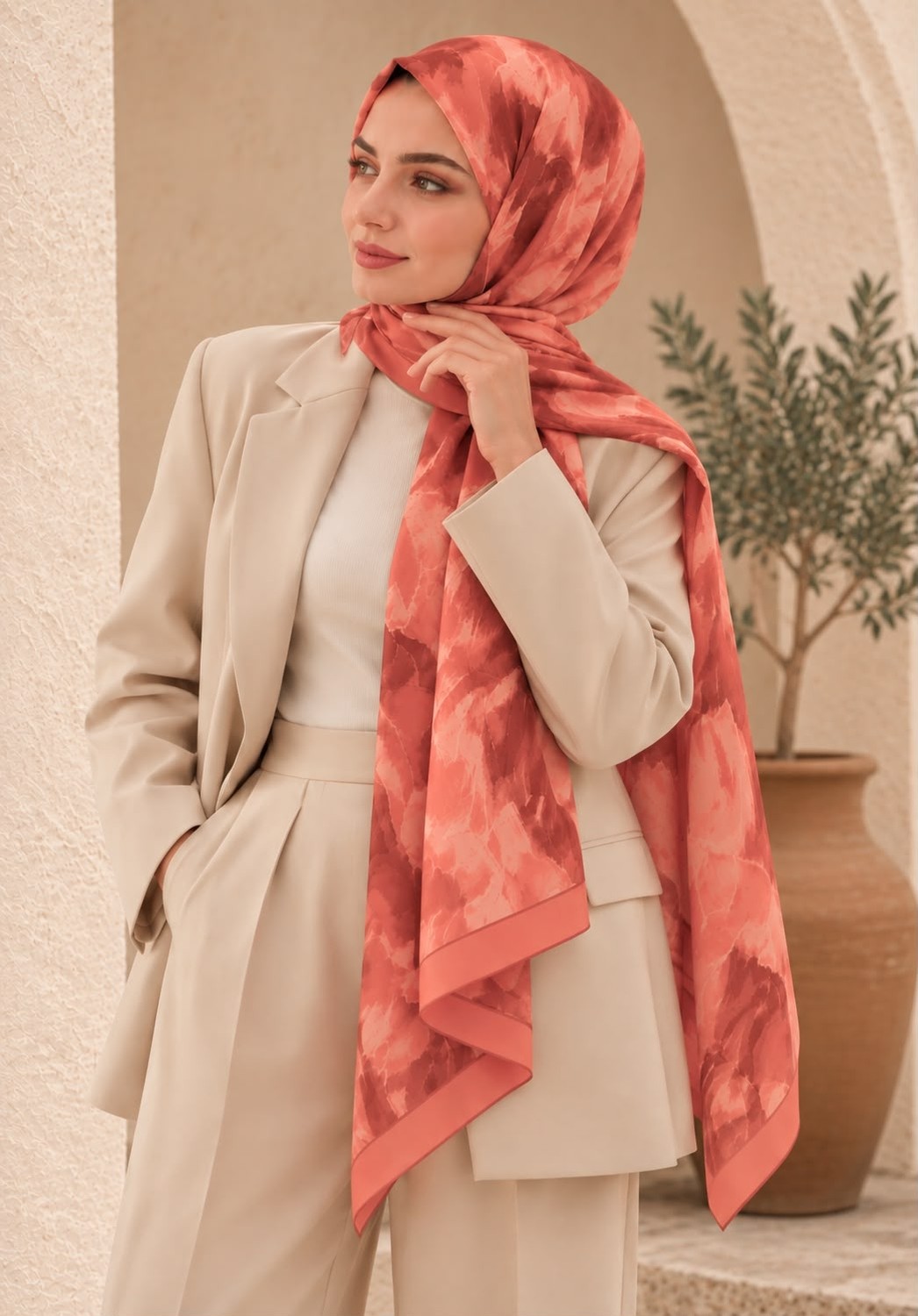 Revam Collection Degrade Desen Pamuk Soft Şal Gül Kurusu görsel 4