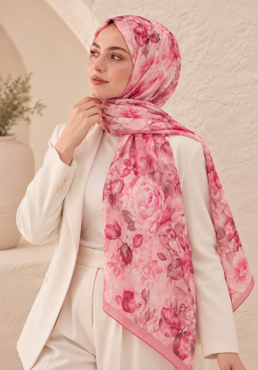 Revam Collection Gül Desen Pamuk Soft Şal Pembe görsel 3