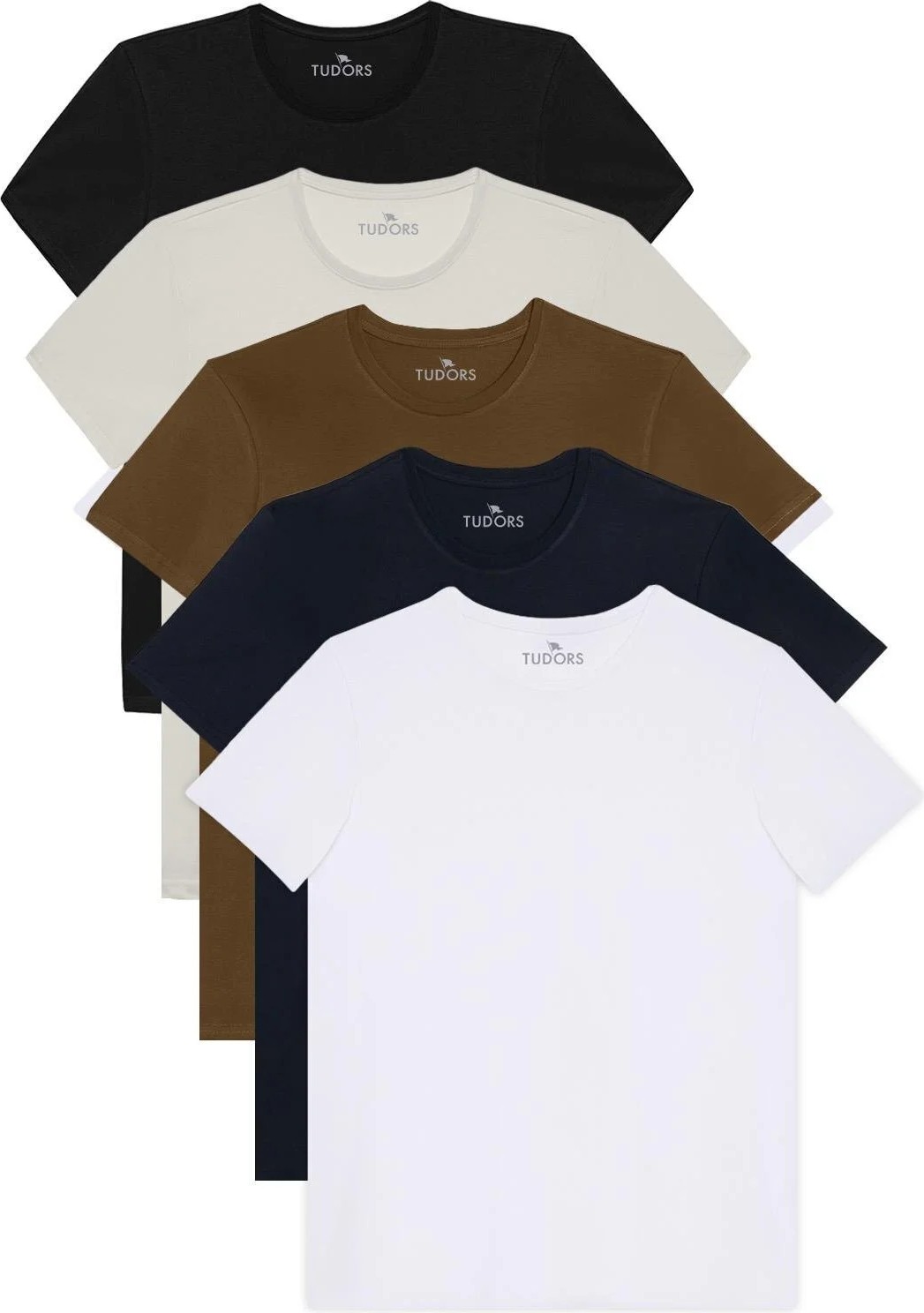 Tudors Unisex 5'li Paket Siyah-Beyaz-Taş-Kırmızı-Mavi Slim Fit Dar Kesim %100 Pamuk Bisiklet Yaka Tişört
