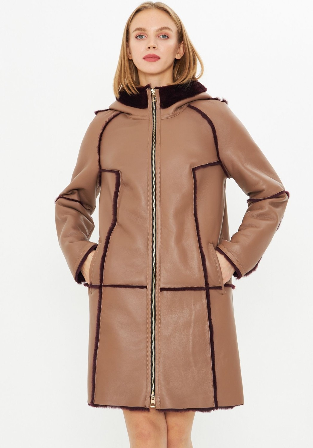 By Marki Marki Deri Kapüşonlu Oversize Kadın Kaban - Içi Kürklü Bordo - Kahverengi 90 cm - 113422 görsel 4