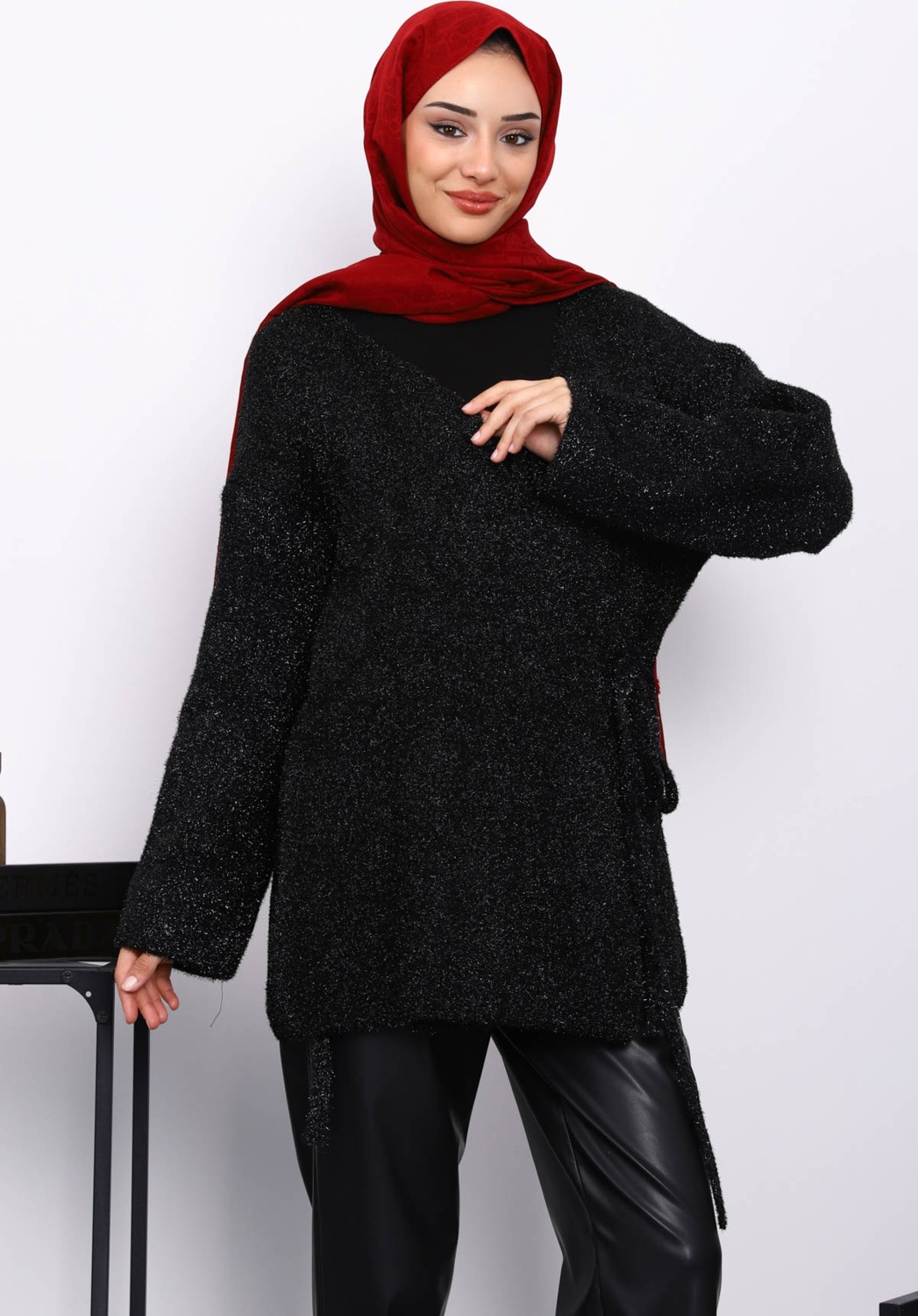 İmaj Butik Gri Bel Kuşaklı Simli Hırka görsel 5
