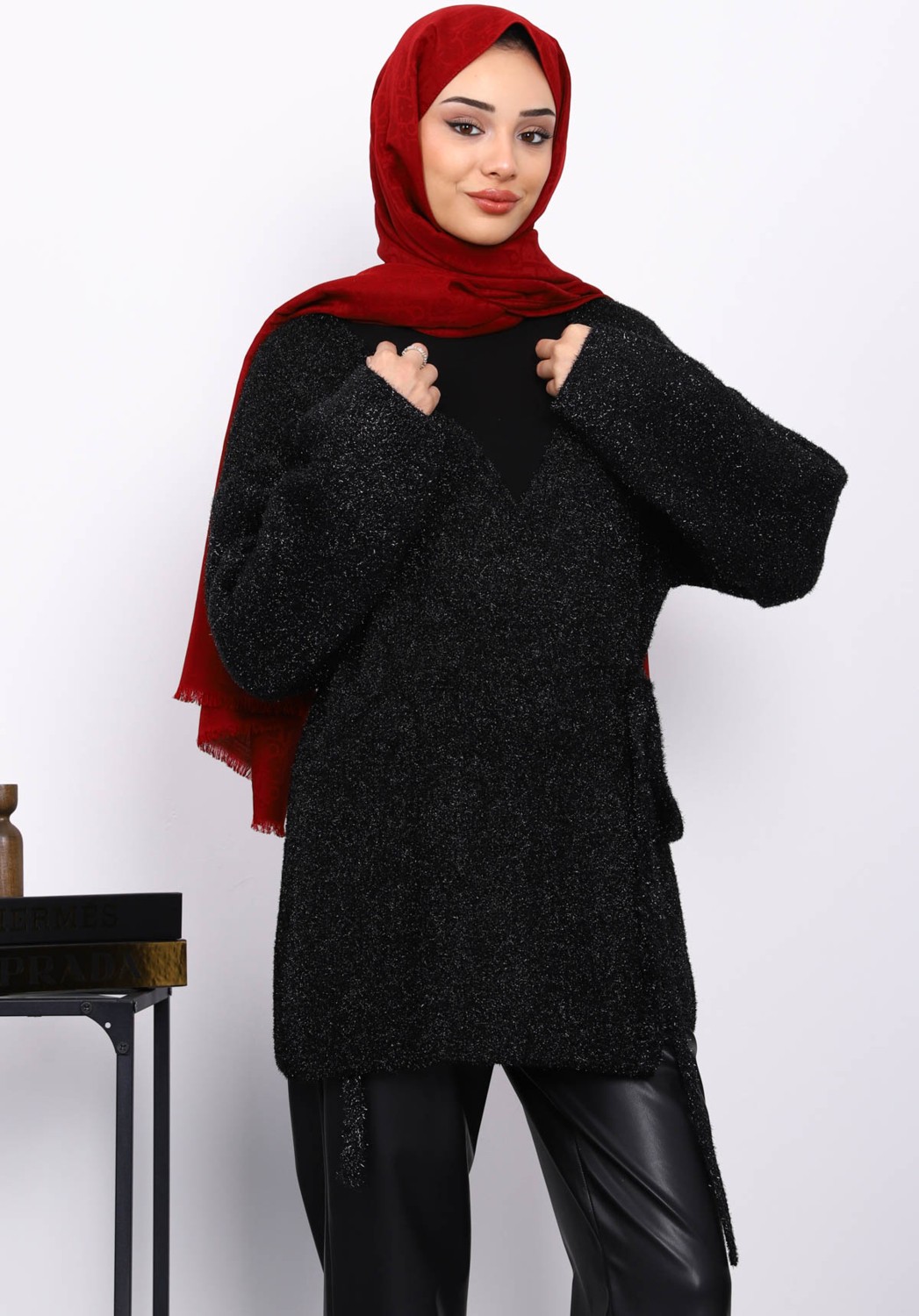 İmaj Butik Gri Bel Kuşaklı Simli Hırka görsel 7