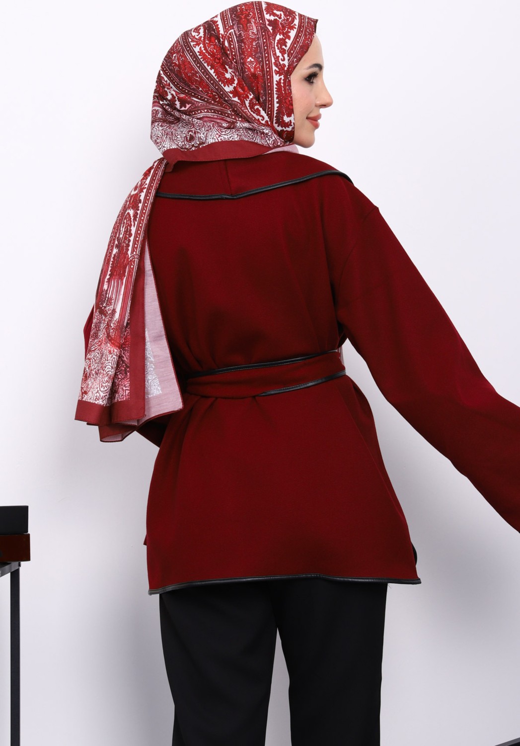 İmaj Butik Bordo Deri Biyeli Şal Yaka Kaşe Ceket görsel 4