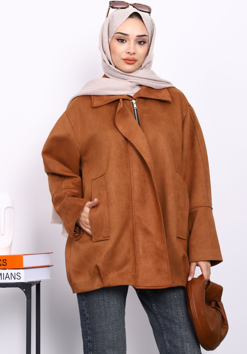 İmaj Butik Taba Oversize Fermuarlı Süet Ceket görsel 3