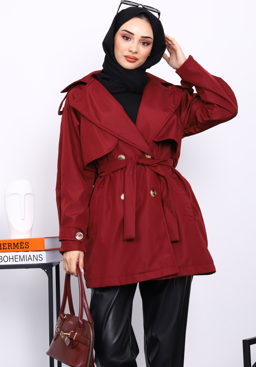 İmaj Butik Bordo Kruvaze Yaka Astarlı Trençkot görsel 7