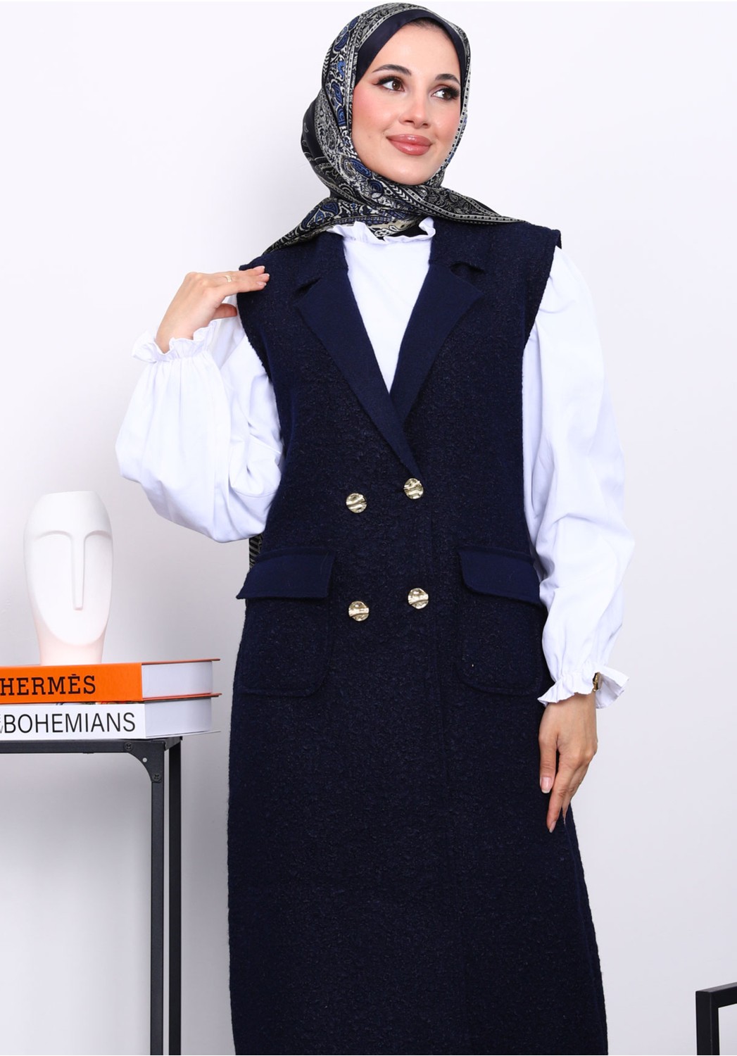 İmaj Butik Ekru Düğmeli Uzun Buklet Yelek görsel 7