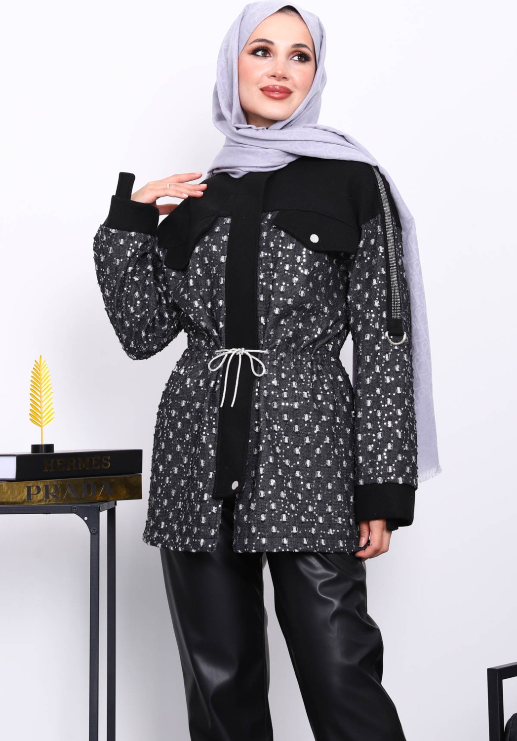 İmaj Butik Ekru Sahte Cepli Bel Büzgülü Ceket görsel 5