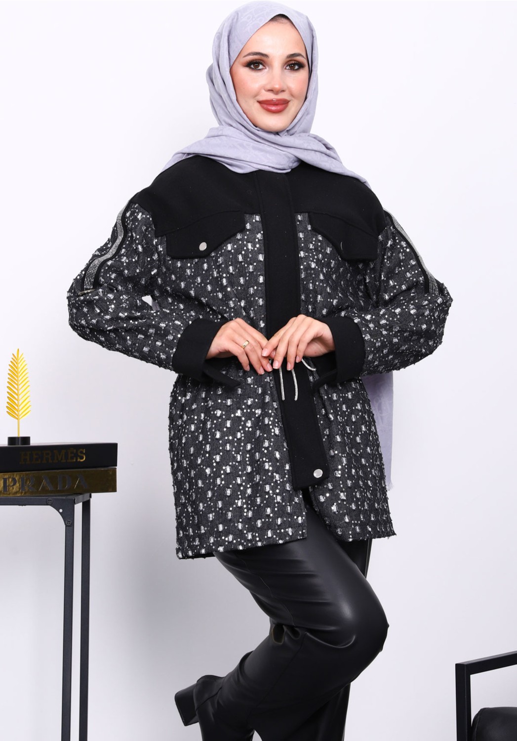 İmaj Butik Ekru Sahte Cepli Bel Büzgülü Ceket görsel 7