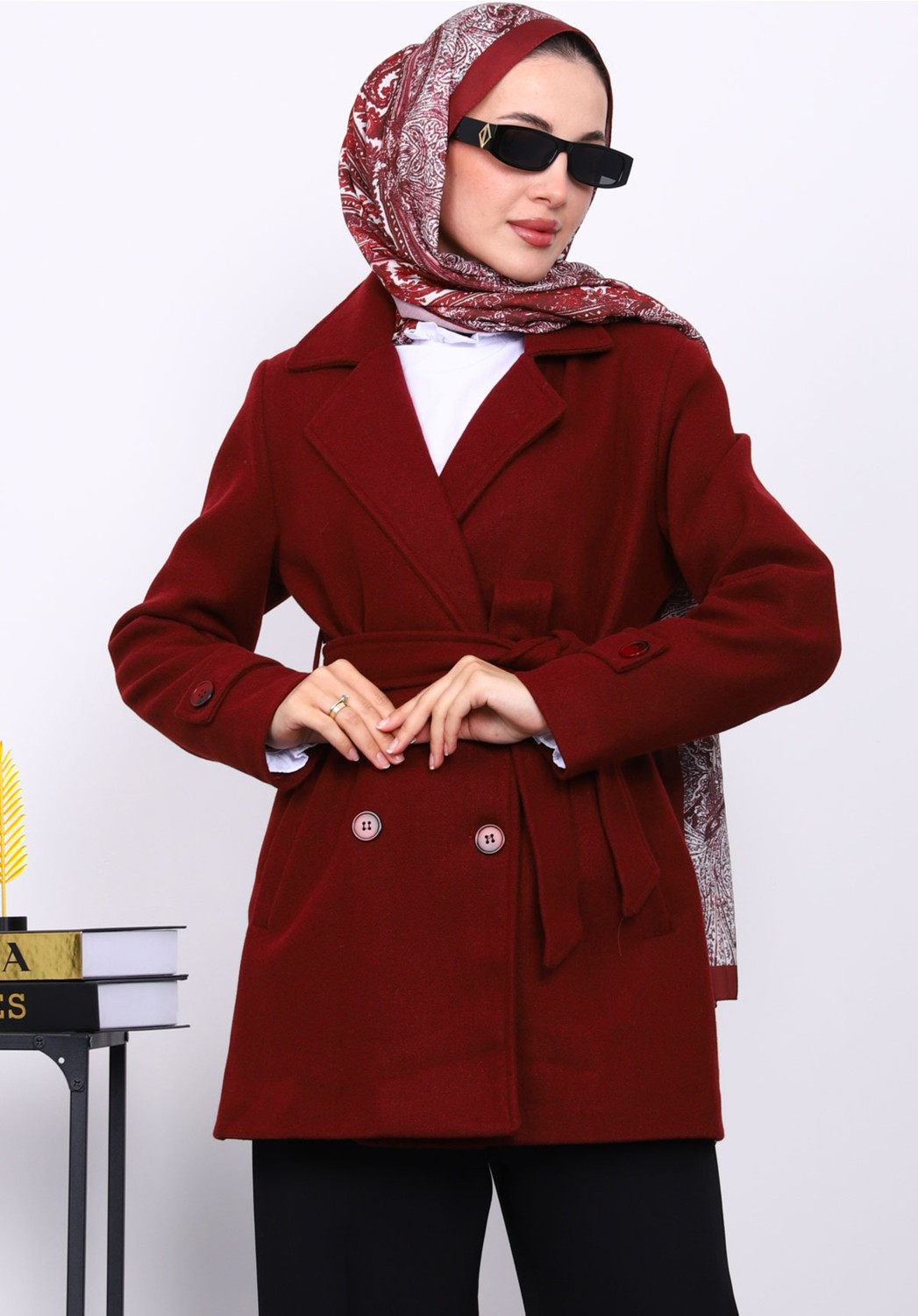 İmaj Butik Siyah Kruvaze Yaka Çift Düğmeli Kaşe Kaban görsel 3