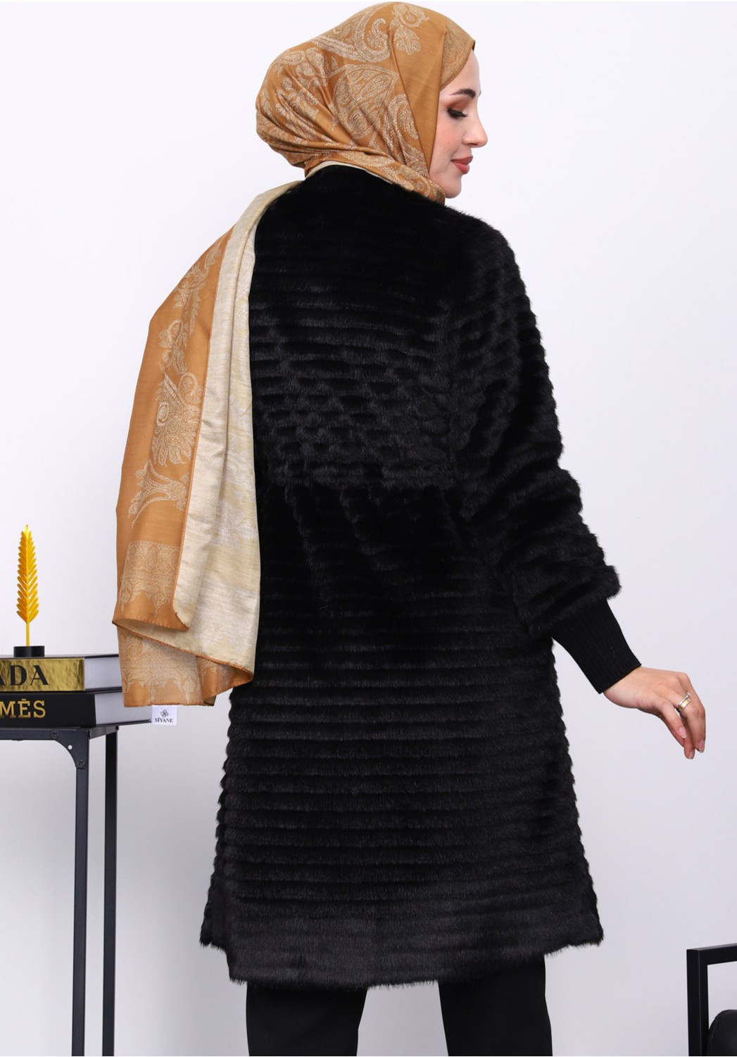 İmaj Butik Krem Bel Lastikli Angora Kürk Kaban görsel 8