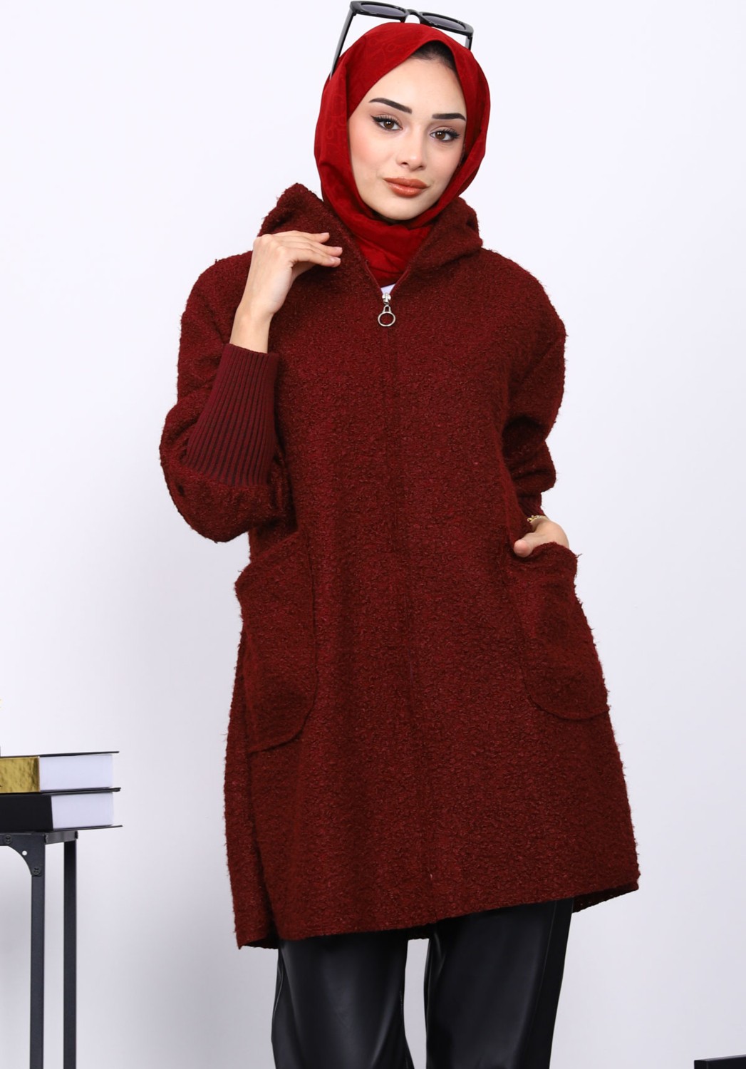 İmaj Butik Bordo Fermuarlı Cepli Buklet Kaban