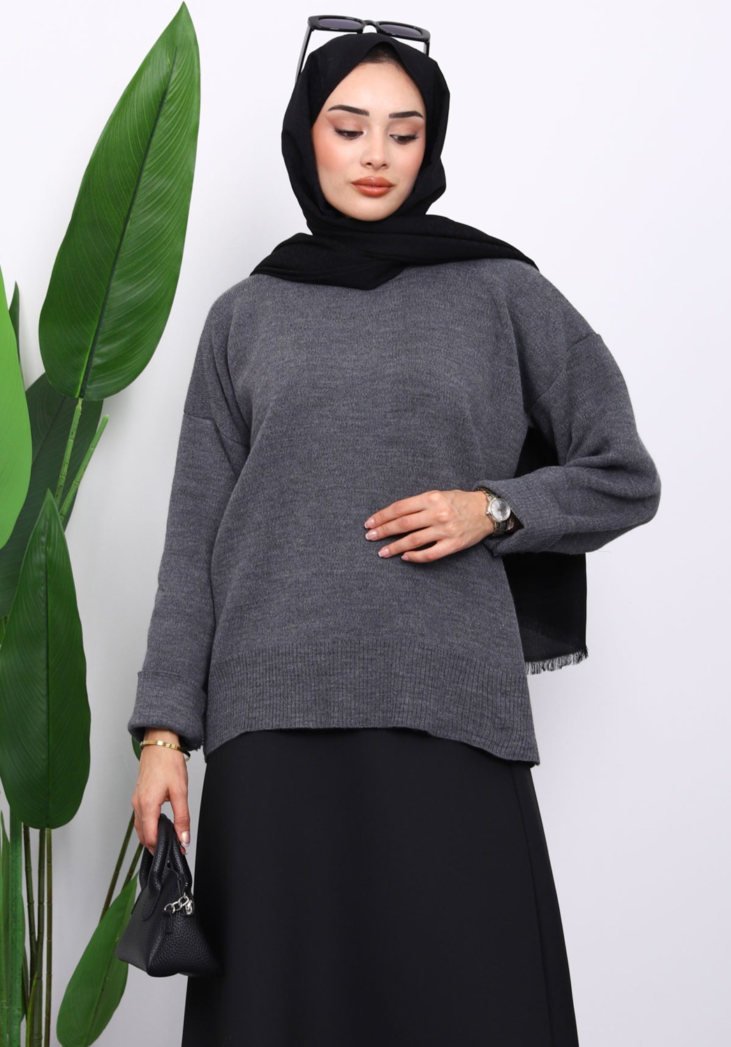 İmaj Butik Antrasit Bisiklet Yaka Yumuşak Dokulu Oversize Triko Kazak