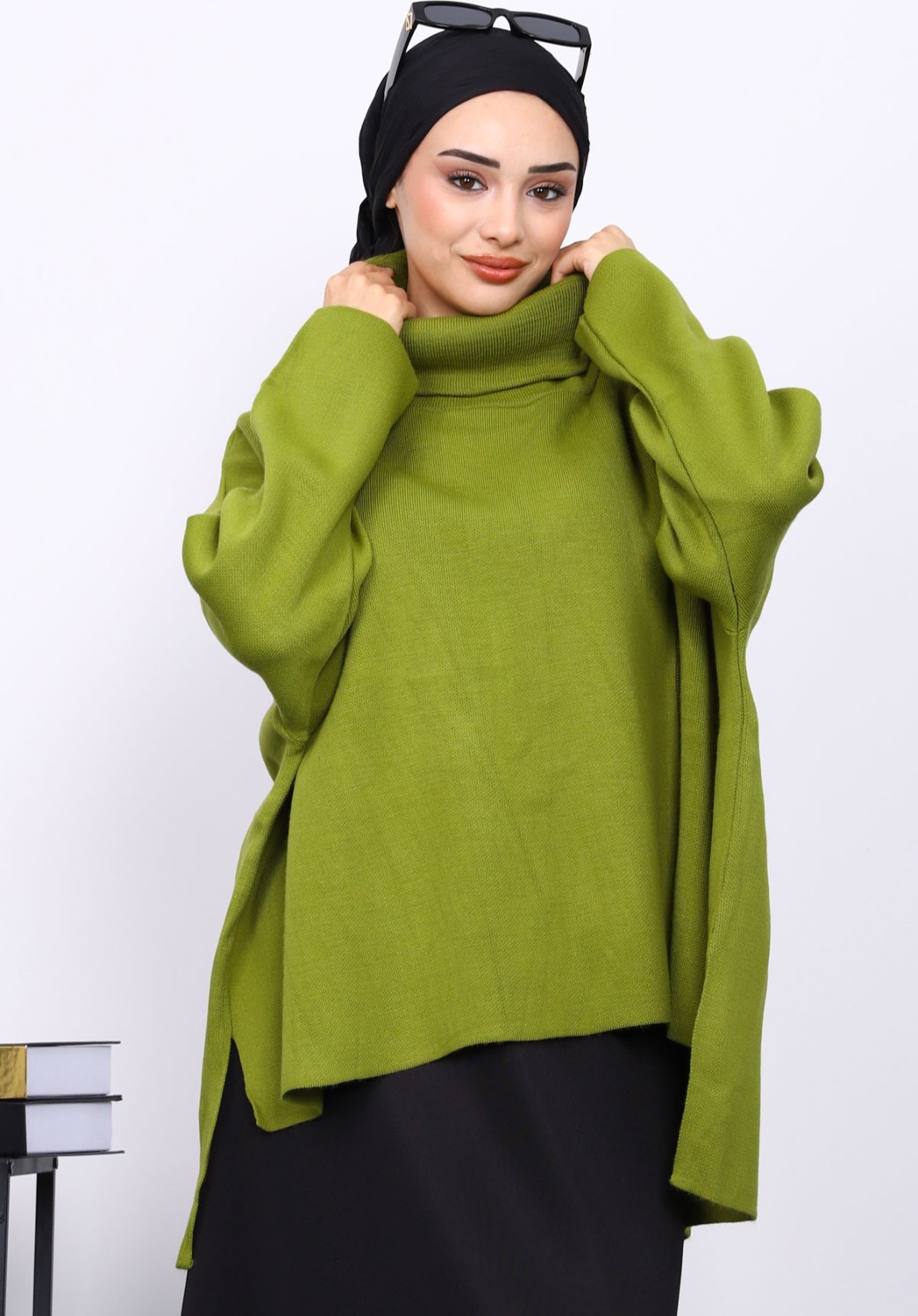 İmaj Butik Yeşil Balıkçı Yaka Fermuarlı Triko Tunik