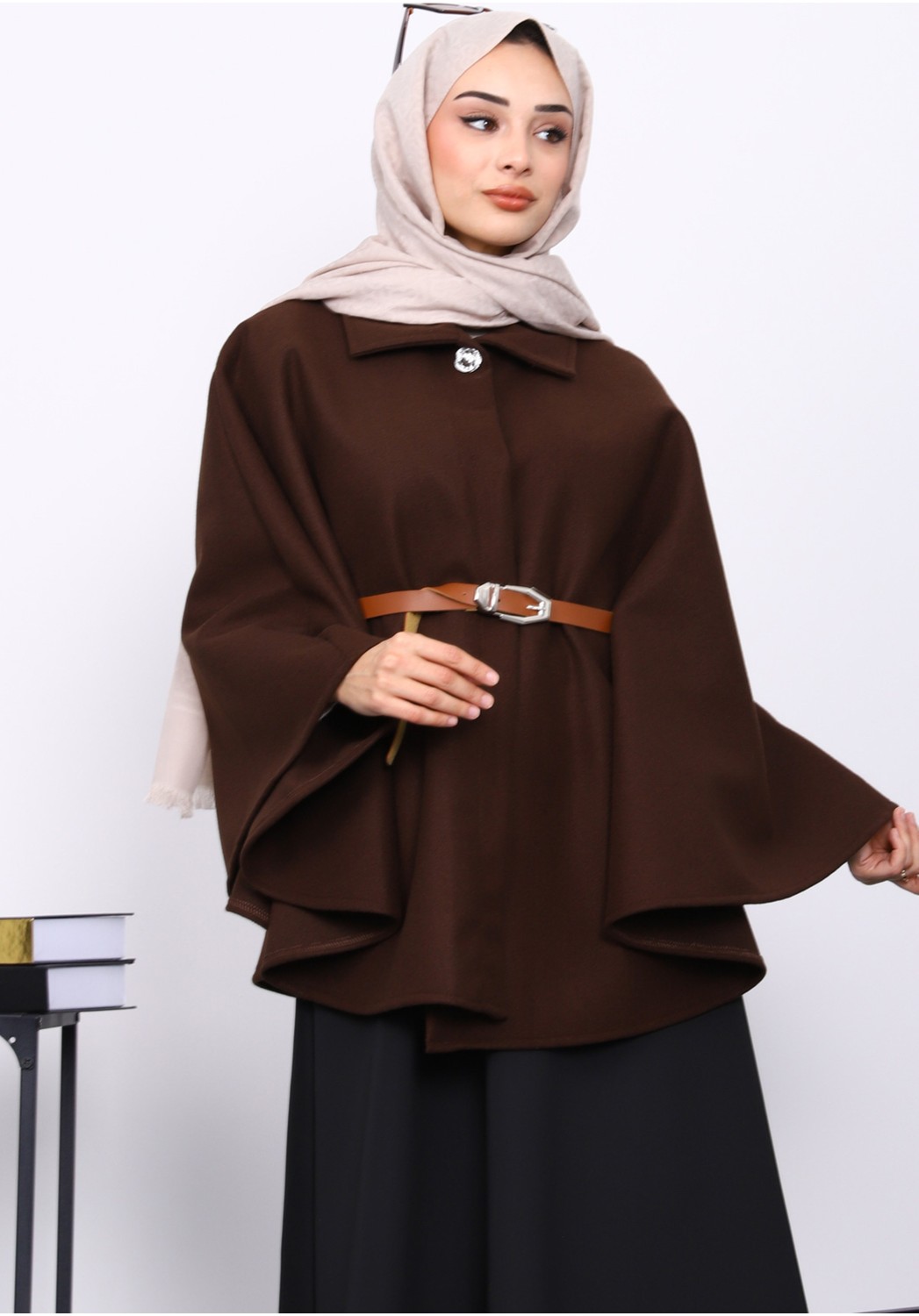 İmaj Butik Füme Kemerli Kaşe Panço görsel 7