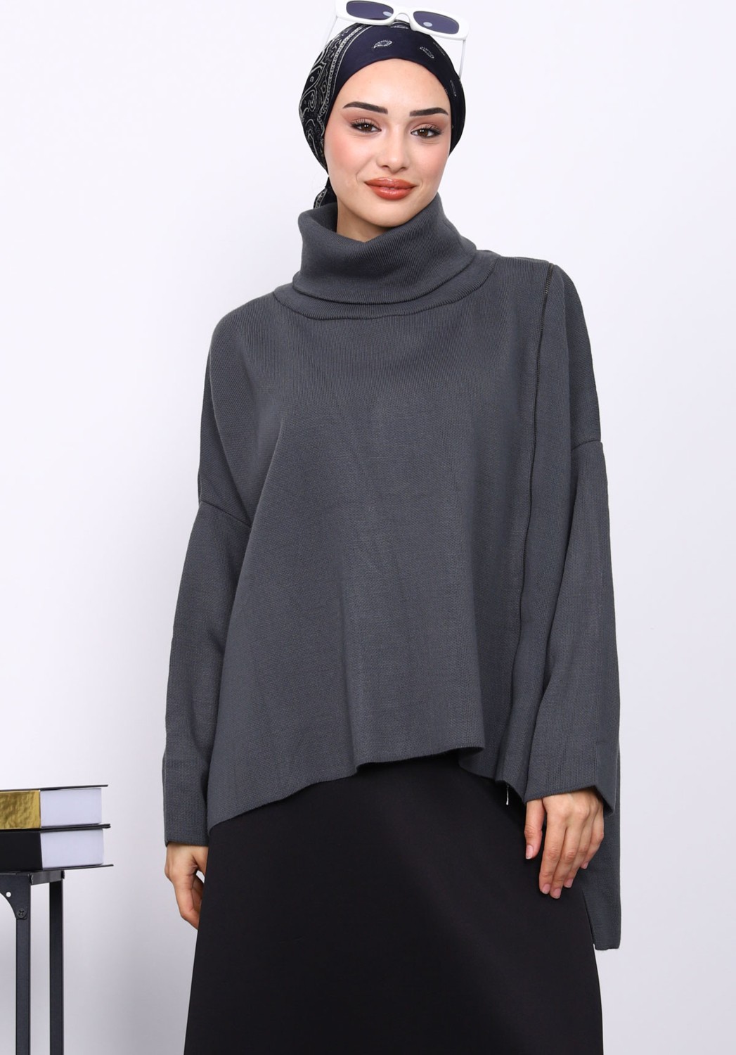 İmaj Butik Yeşil Balıkçı Yaka Fermuarlı Triko Tunik