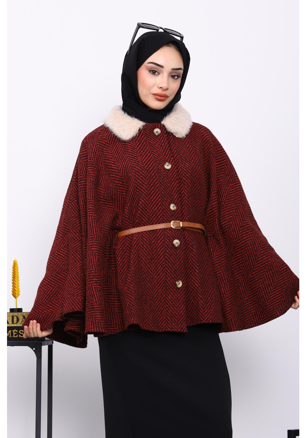 İmaj Butik Vizon Yaka Kürklü Kemerli Panço görsel 3