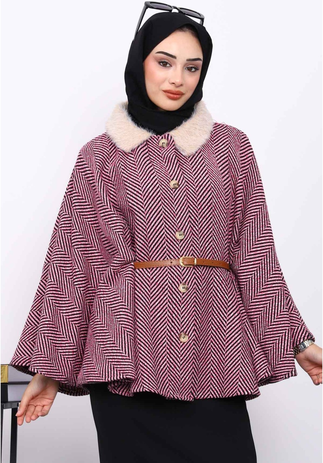 İmaj Butik Vizon Yaka Kürklü Kemerli Panço görsel 7