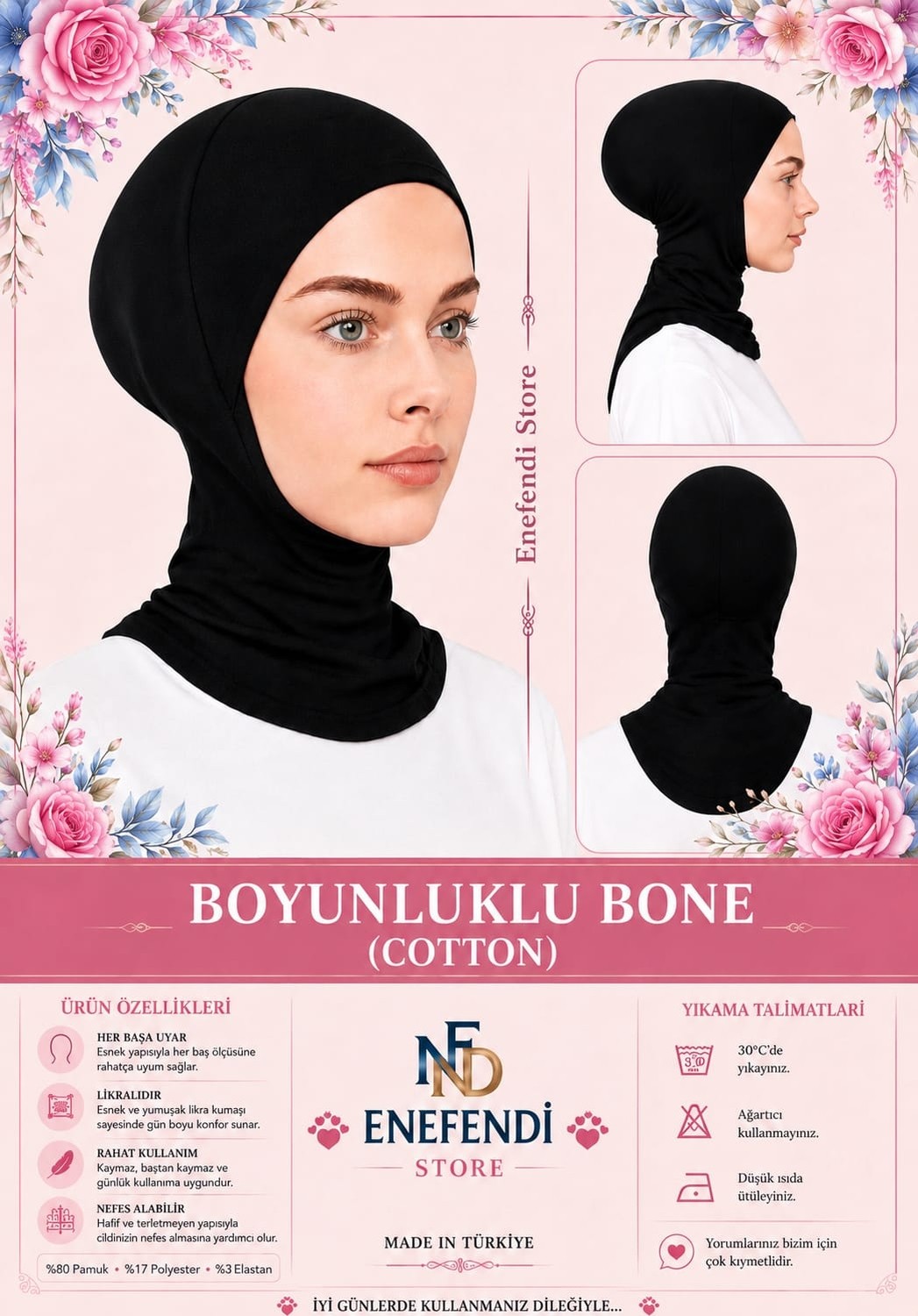 NF ND ENEFENDİ Boyunluklu Bone , Spor Bone , Hijab , Tesettür, Siyah , Geçmeli Hazır Bone görsel 3