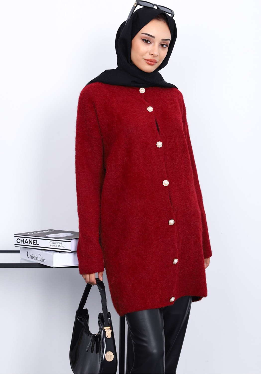 İmaj Butik Bordo Düğmeli Angora Yumoş Triko Hırka görsel 5