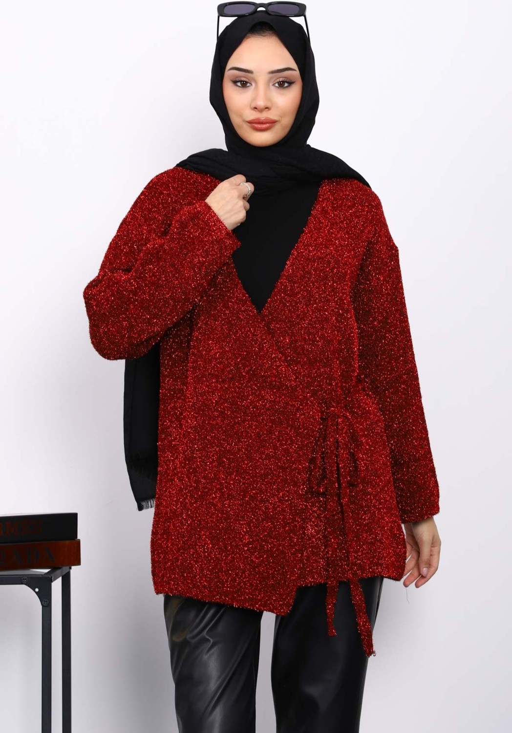 İmaj Butik Gri Bel Kuşaklı Simli Hırka