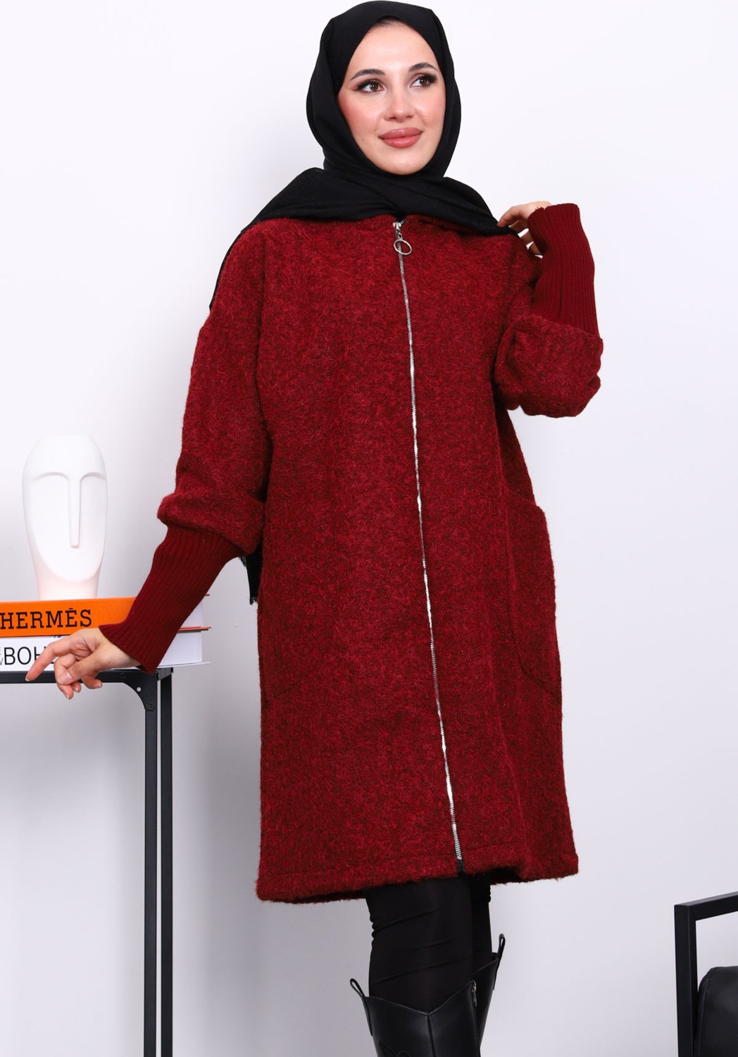 İmaj Butik Lacivert Fermuarlı Yün Kaşe Kaban görsel 7