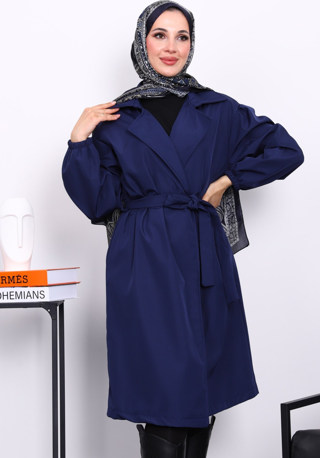 İmaj Butik Lacivert Kruvaze Yaka Kuşaklı Trençkot görsel 5