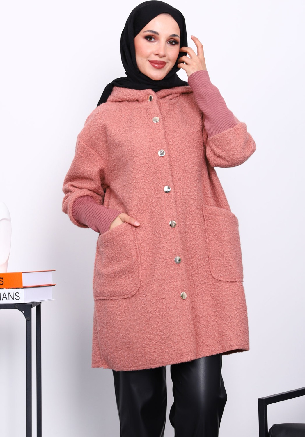 İmaj Butik Pudra Kapşonlu Buklet Kaban görsel 3