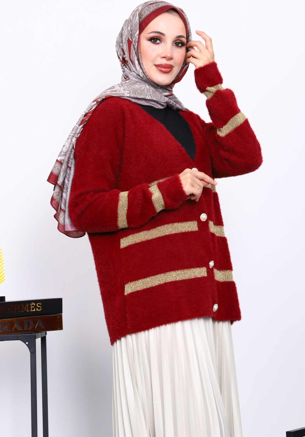 İmaj Butik Bordo V Yaka Angora Yumoş Hırka görsel 3