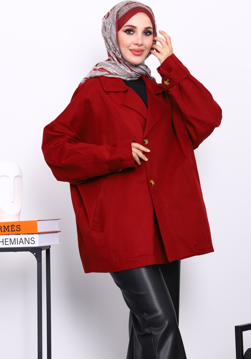 İmaj Butik Bordo Düğmeli Oversize Kanvas Ceket görsel 4
