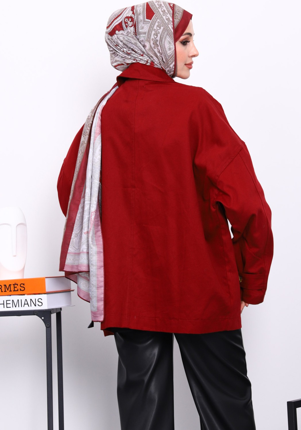 İmaj Butik Bordo Düğmeli Oversize Kanvas Ceket görsel 7