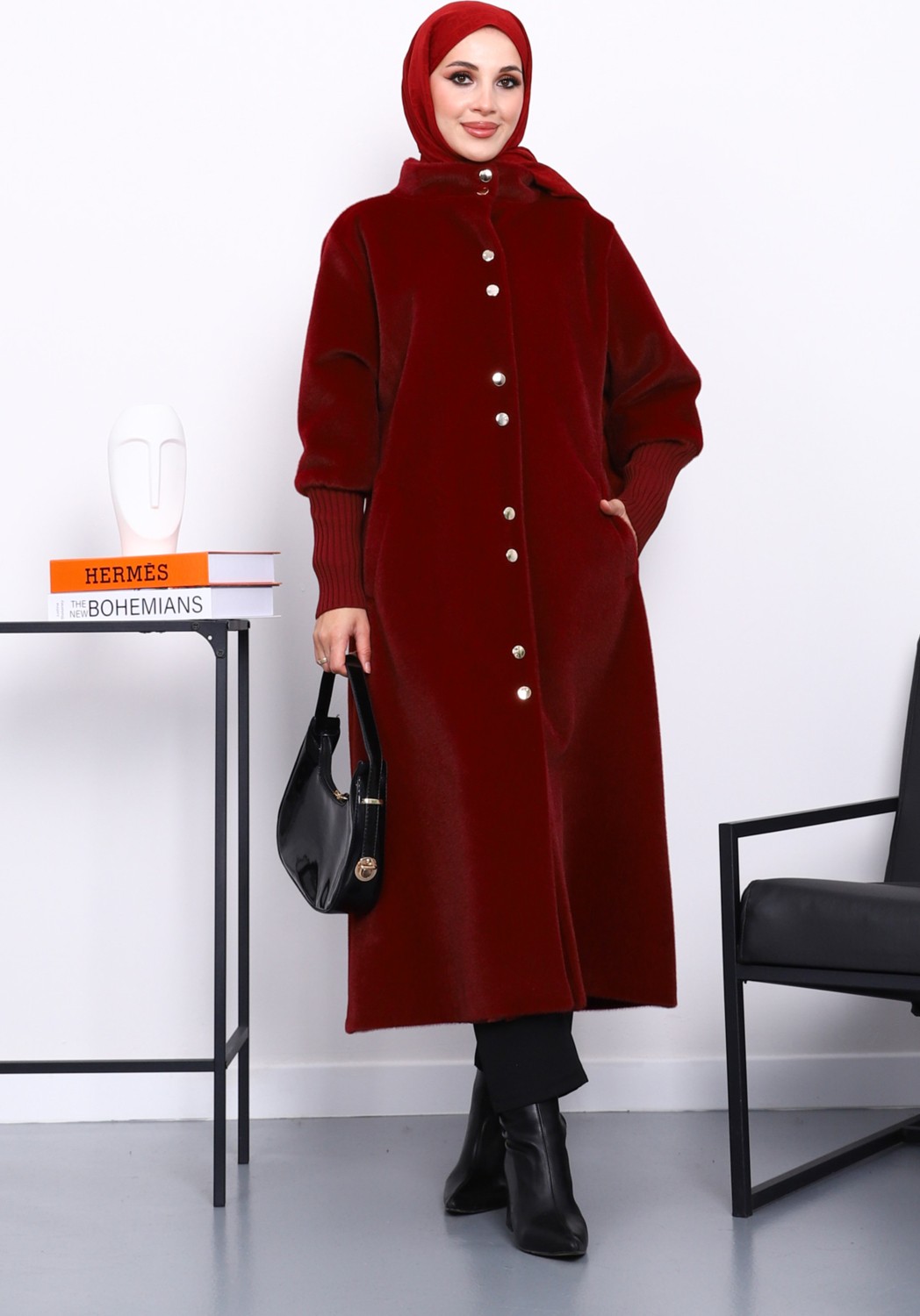 İmaj Butik Kahverengi Düğmeli Angora Kaban