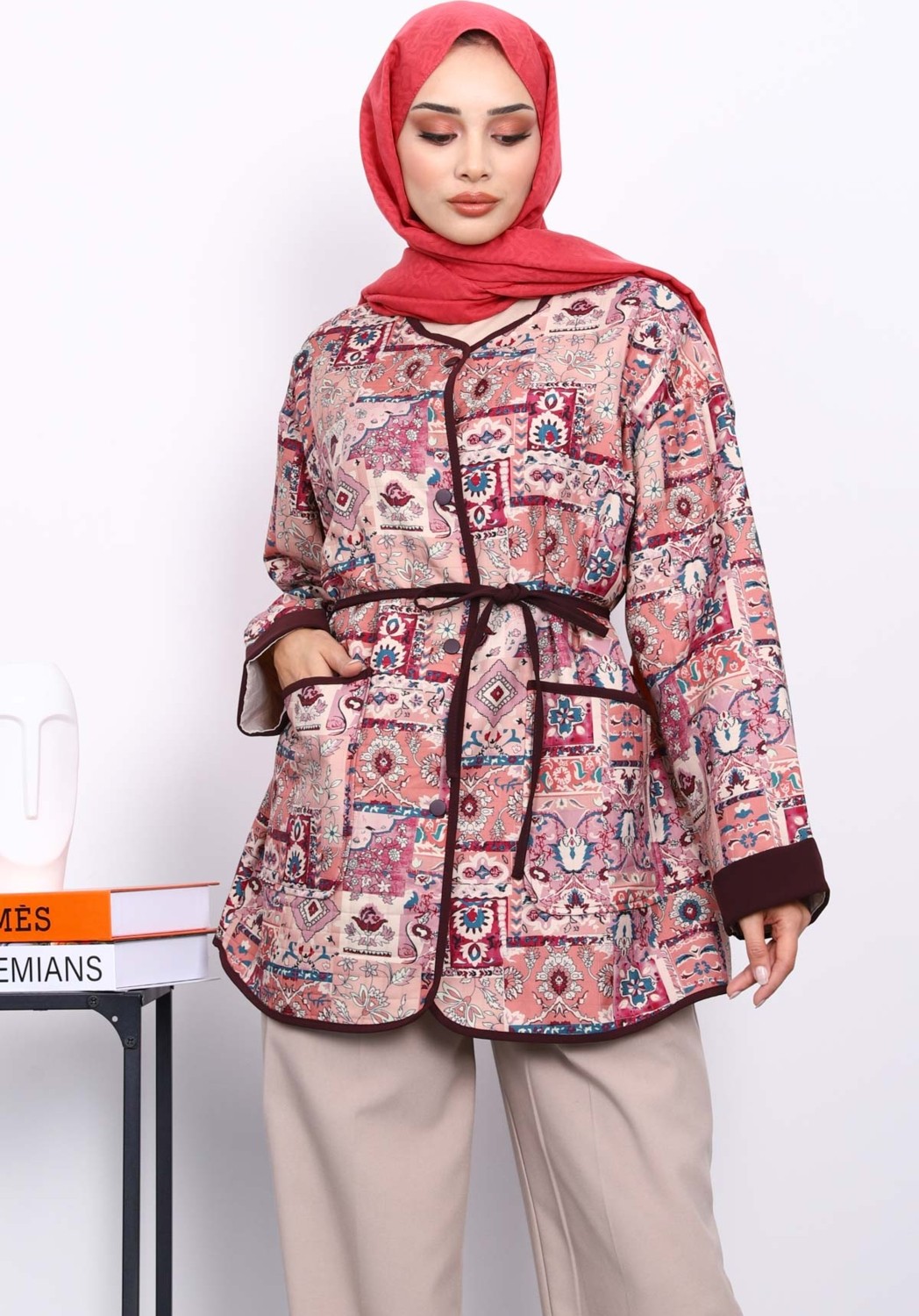 İmaj Butik Gül Kurusu Etnik Desenli Çıtçıtlı Ceket görsel 7
