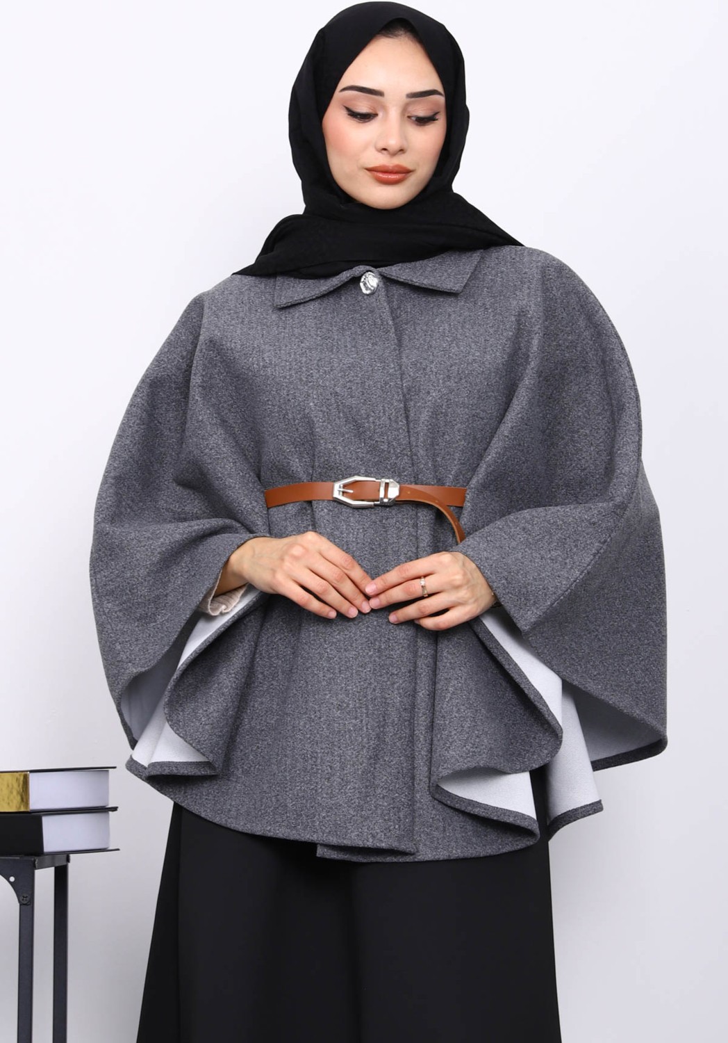 İmaj Butik Füme Kemerli Kaşe Panço görsel 3