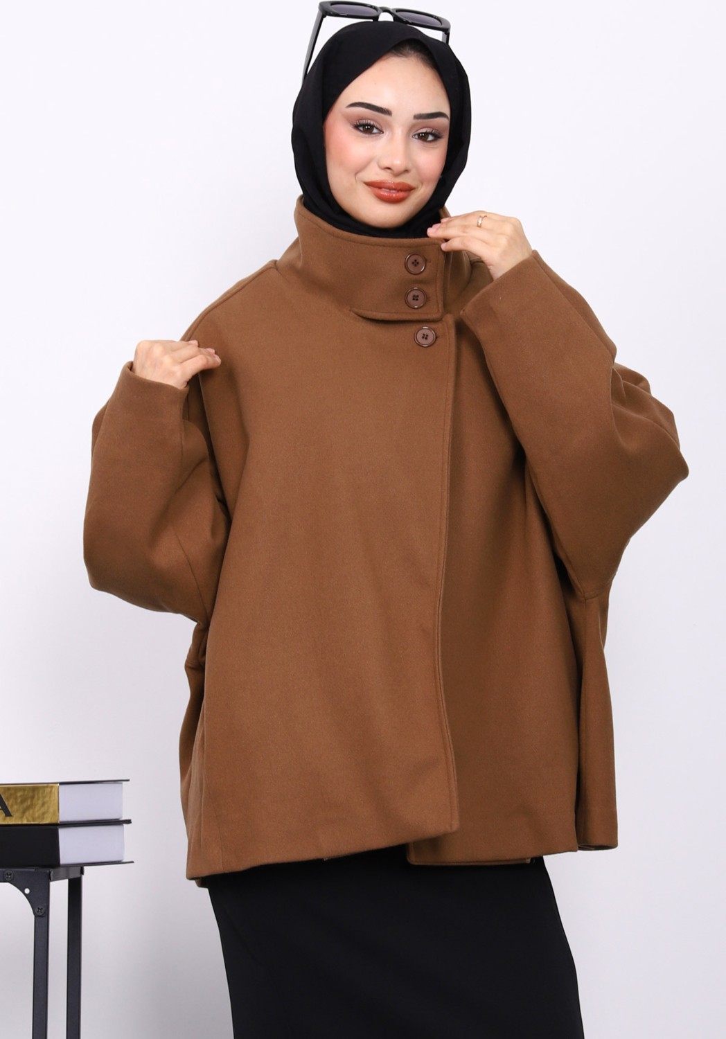 İmaj Butik Kahverengi Cepli Oversize Kaşe Kaban görsel 5
