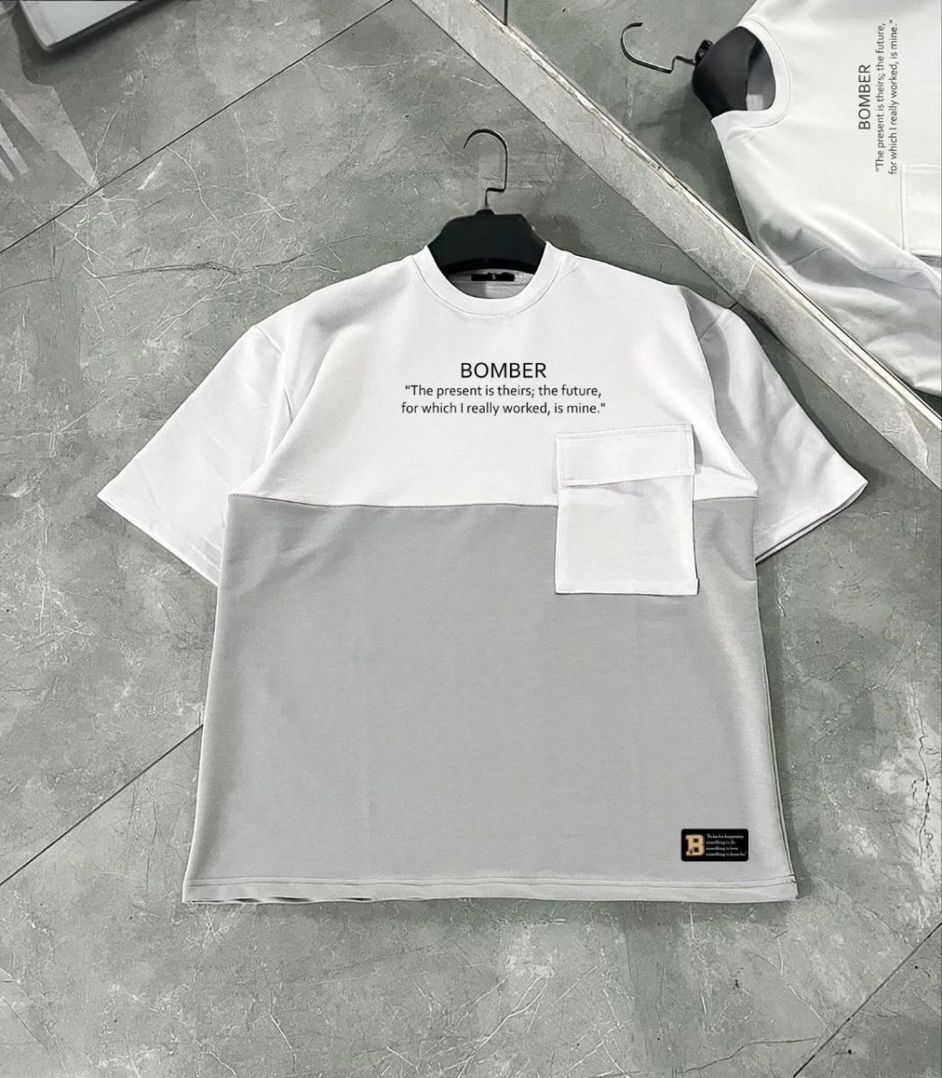 Fantastik Store Erkek Tişört Torba Cepli Parçalı Kısa Kol T-Shirt - Gri