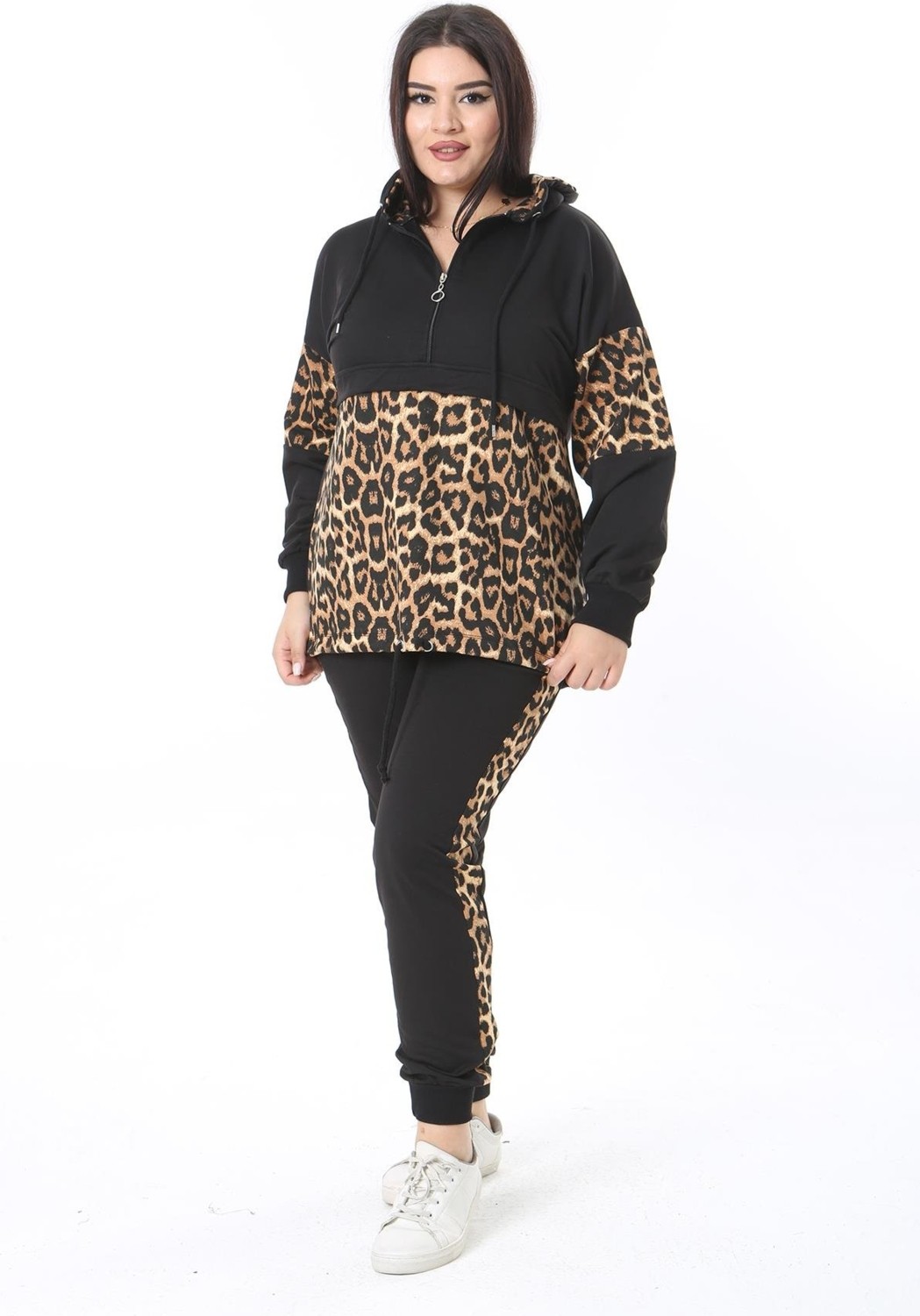 Şans Kadın Büyük Beden Leo Leopar Garnili Sweatshirt Pantolon Ikili Takım 65N38375 görsel 4