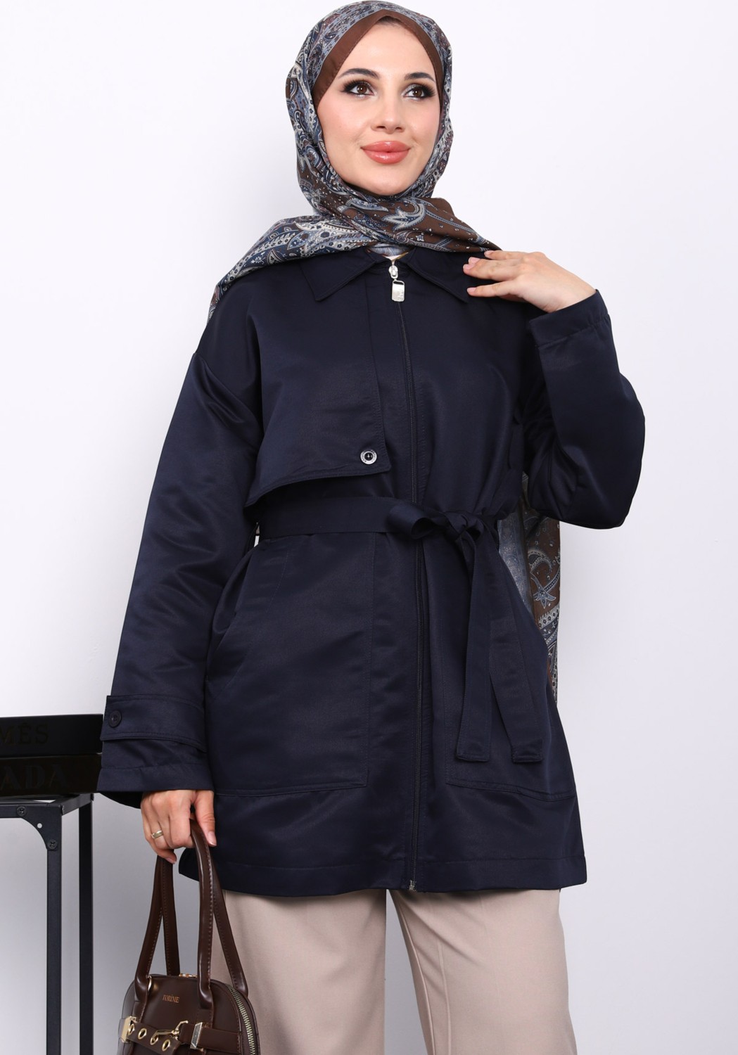 İmaj Butik Taş Cep Detaylı Kuşaklı Ceket