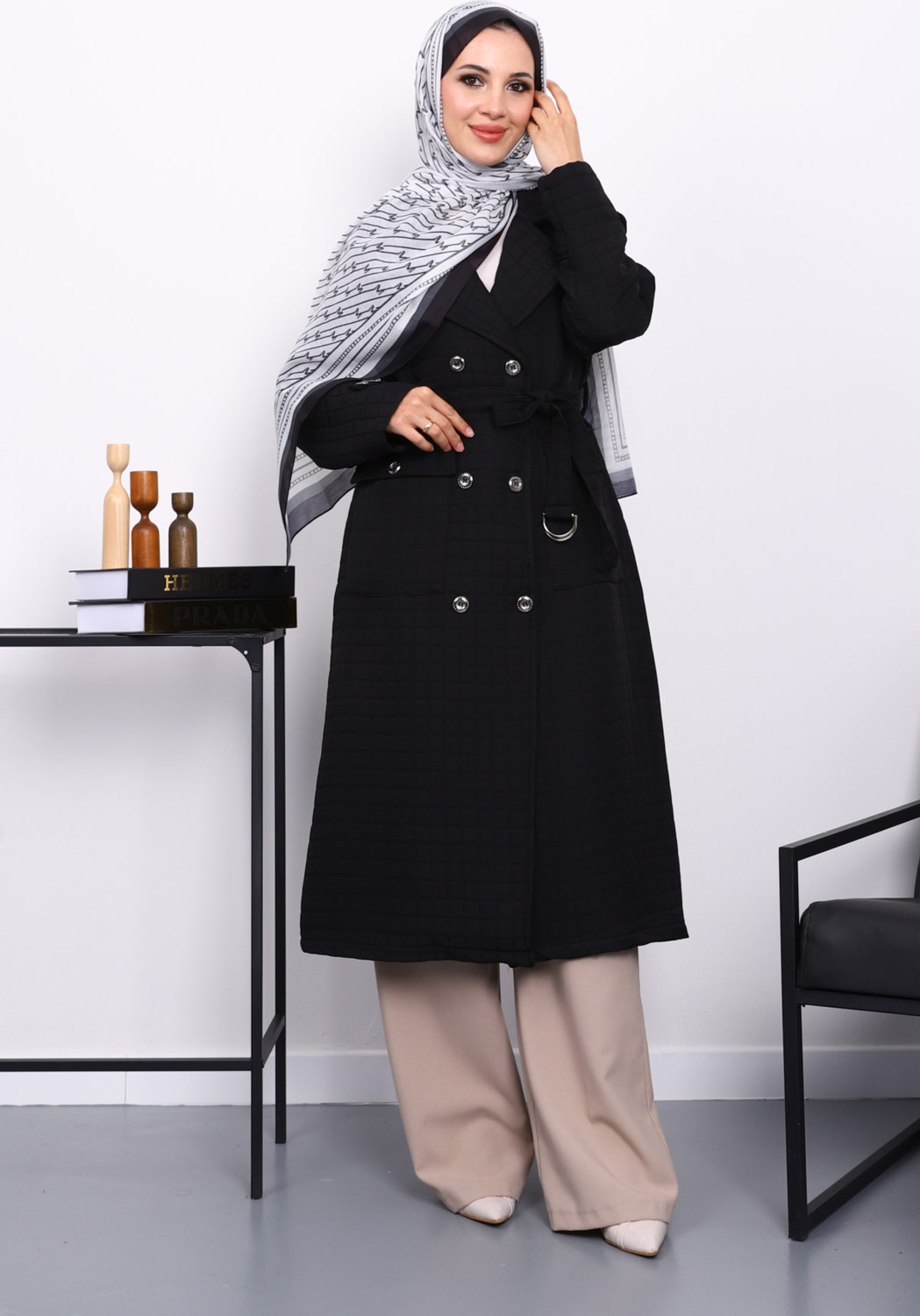 İmaj Butik Kahverengi Kuşaklı Cep Detaylı Kapitone Kaban
